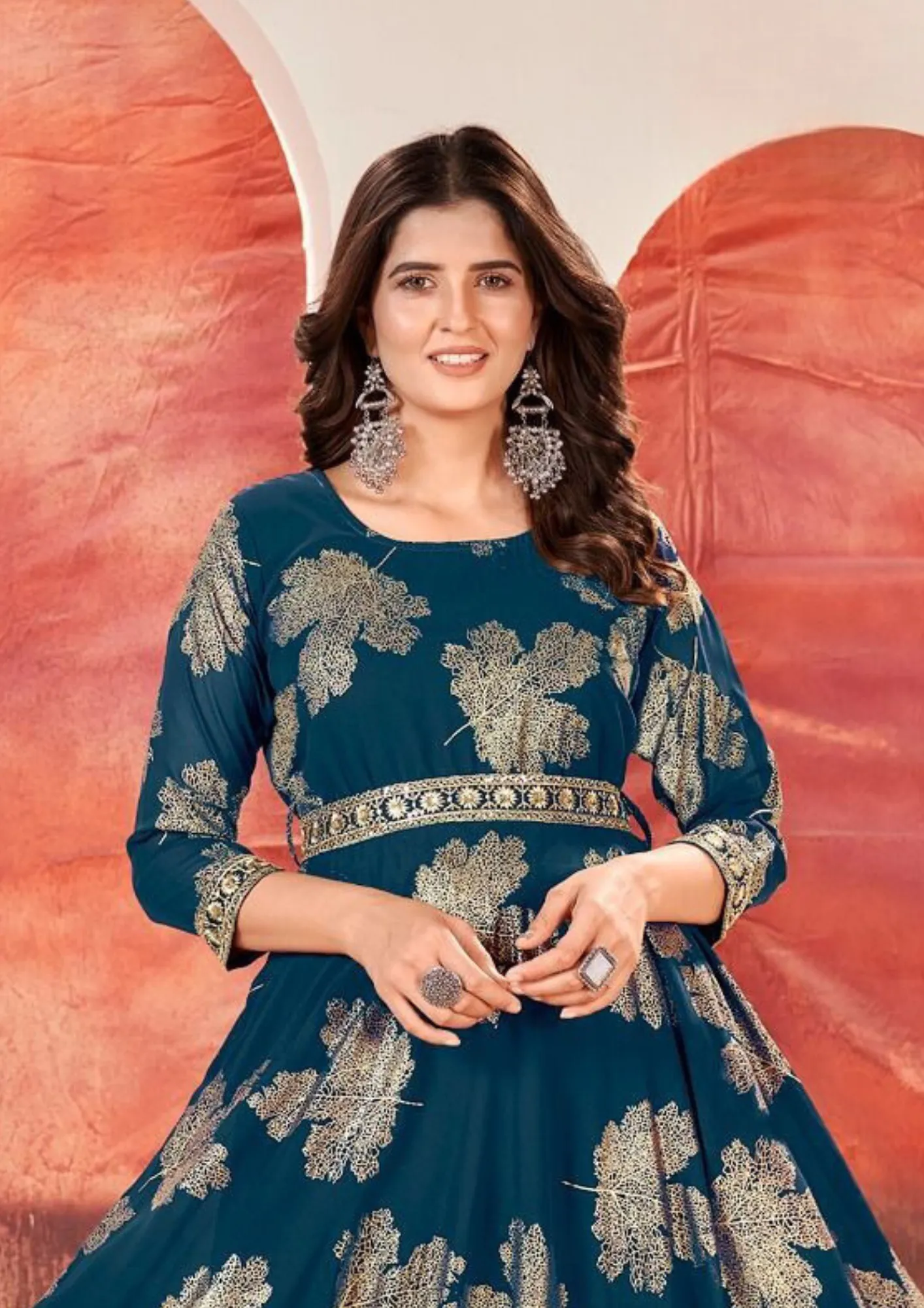 Charming Teal Blue Color Sequins Embroidery With Faux Georgette Kurti