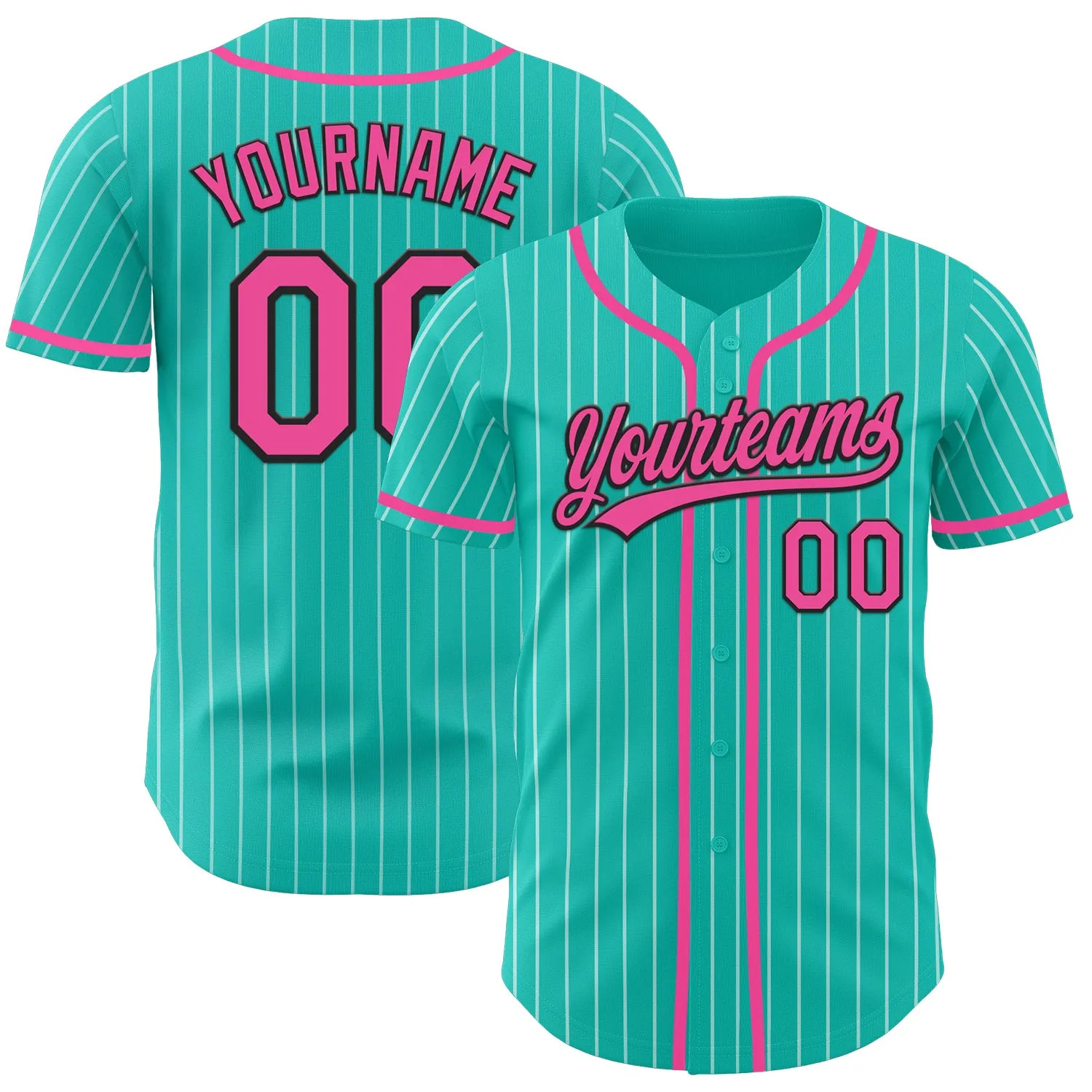 Custom Aqua White Pinstripe Pink-Black Authentic Baseball Jersey