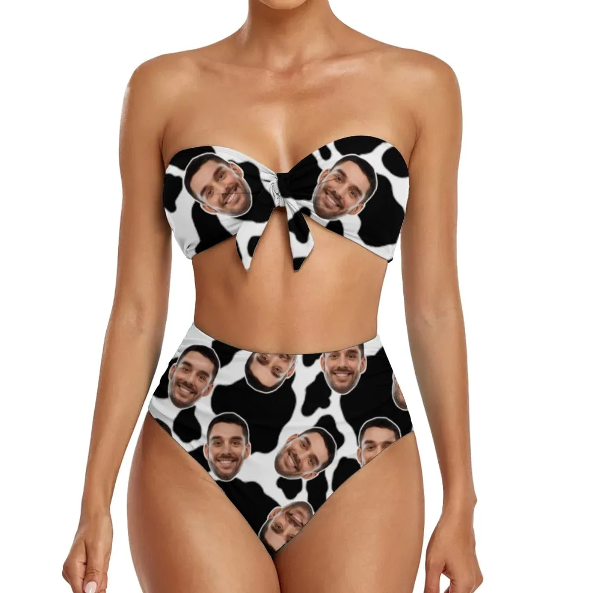 Custom Face White and Black Strapless Bow Top High Waist Bikini Bottom 2-Piece Set Bathing Suit