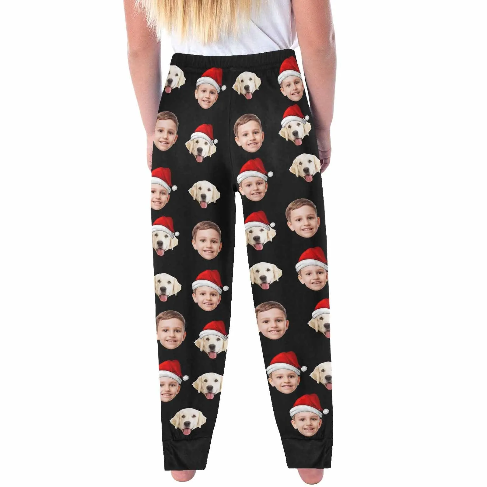 Custom Pet Face Christmas Hat Family Matching Long Pajama Pants Personalized Sleepwear Slumber Party