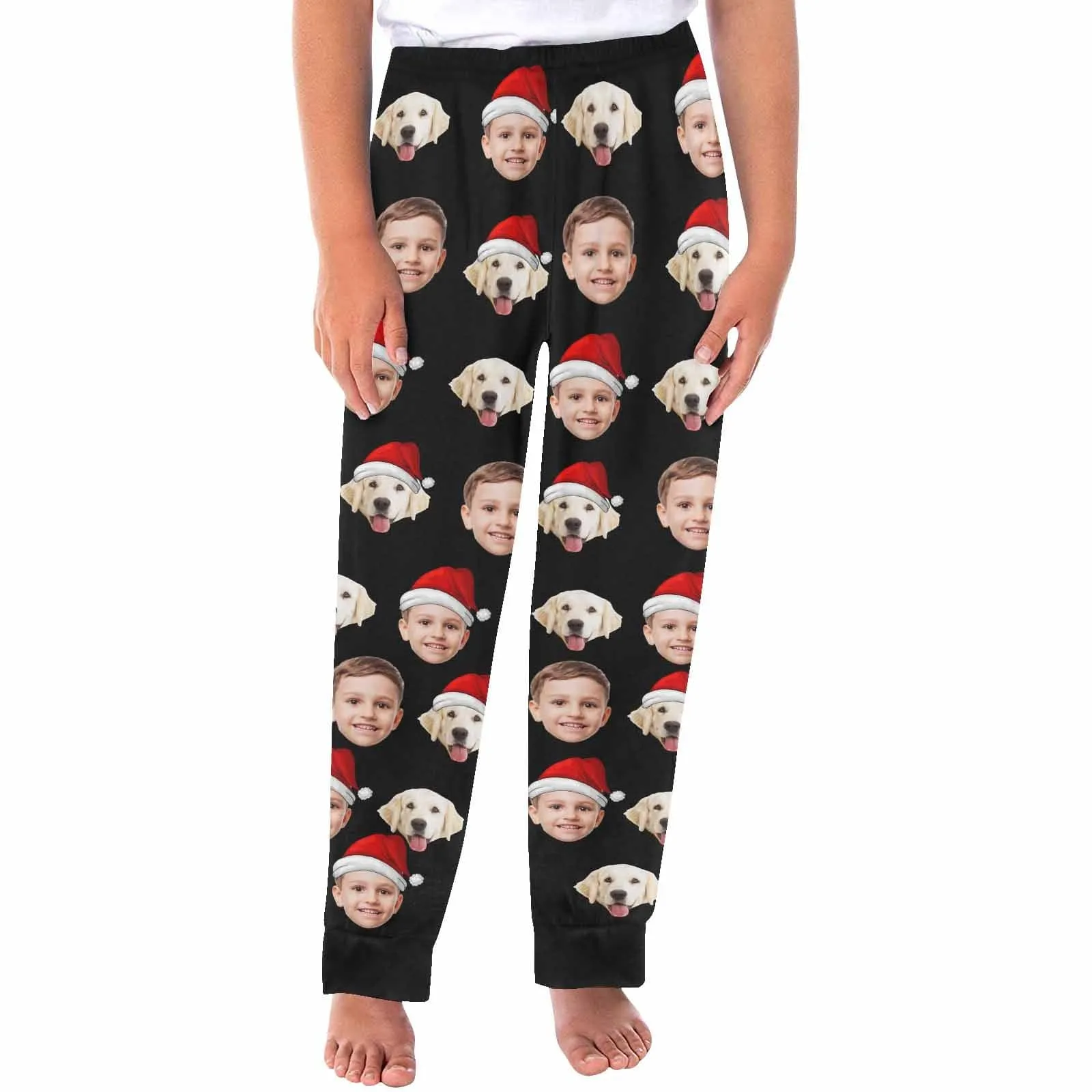 Custom Pet Face Christmas Hat Family Matching Long Pajama Pants Personalized Sleepwear Slumber Party