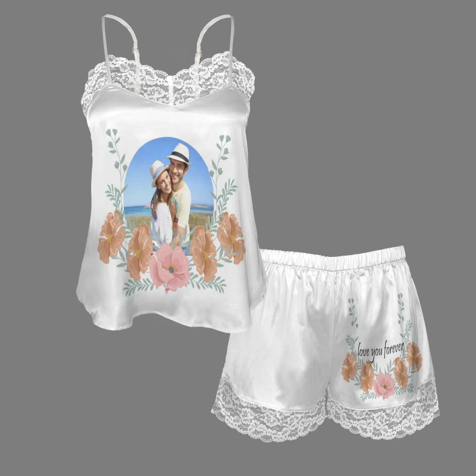 Custom Photo Flowers Lace Cami Pajamas Personalized Women's Nightwear Set