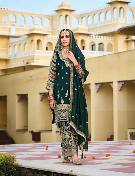 Dazzling Dark Green Color Embroidery Work Kurti With Palazzo Suit Sets