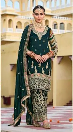 Dazzling Dark Green Color Embroidery Work Kurti With Palazzo Suit Sets