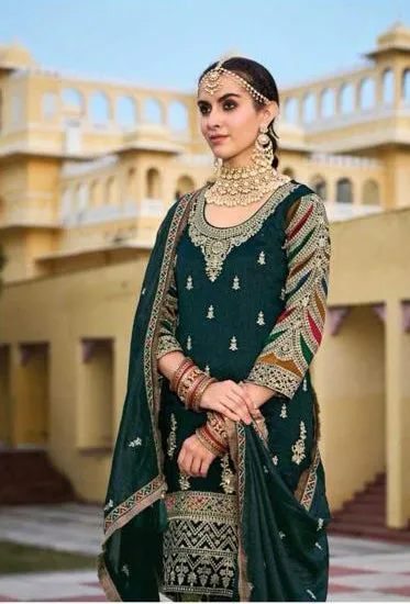 Dazzling Dark Green Color Embroidery Work Kurti With Palazzo Suit Sets