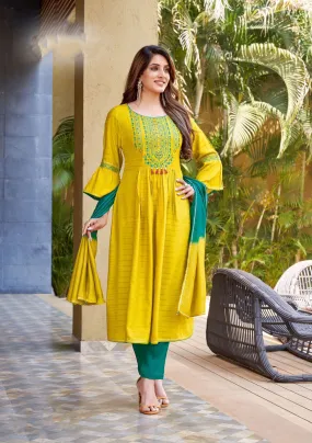 Dazzling Yellow Colored Rayon Kurti With Pant Dupatta Sets