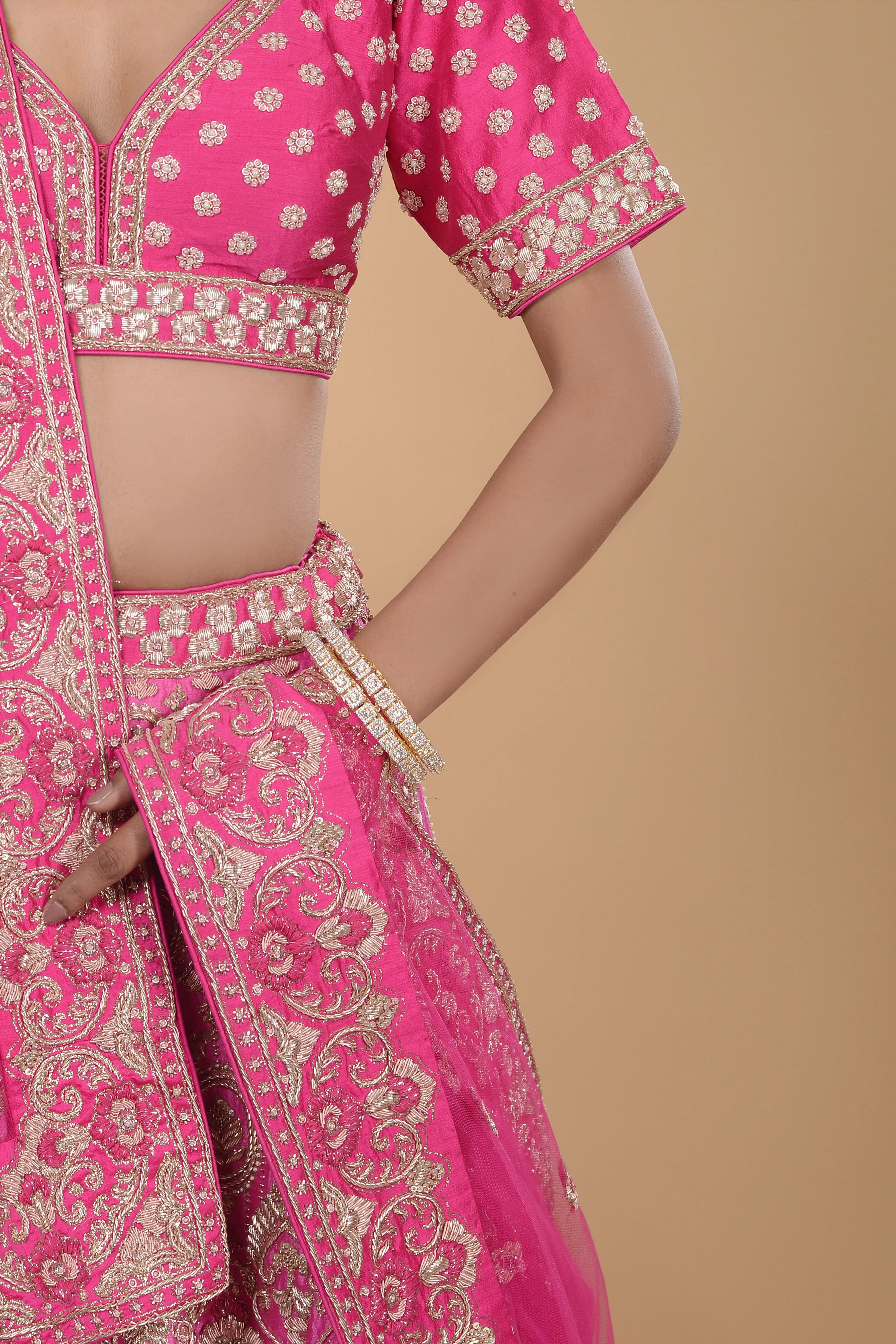 Deep Pink Embroidered Lehenga Set.