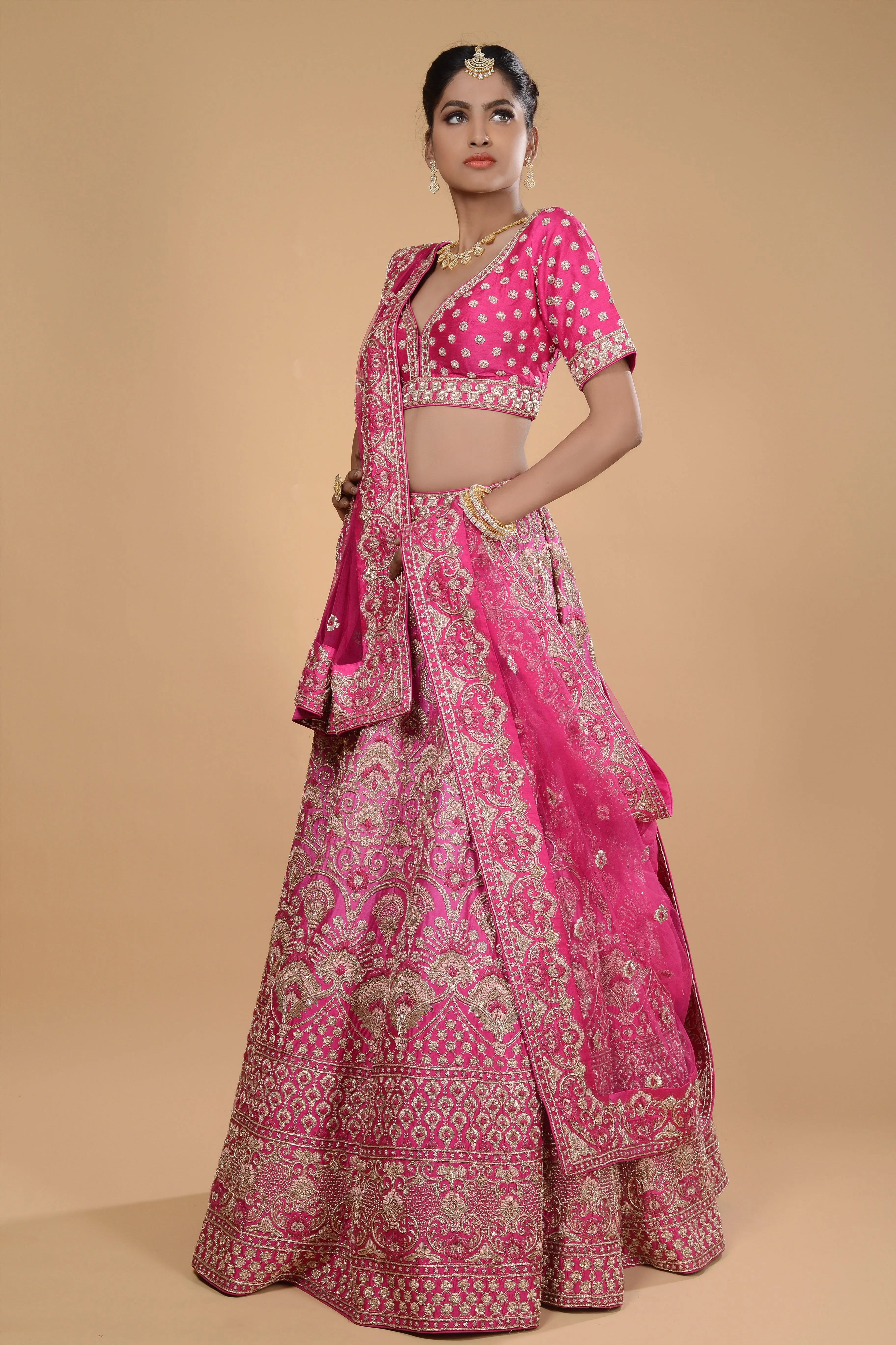 Deep Pink Embroidered Lehenga Set.