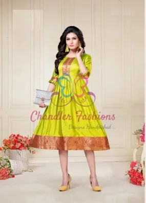 Delightful Lime Green Color Aura Silk Kurti With Red Border