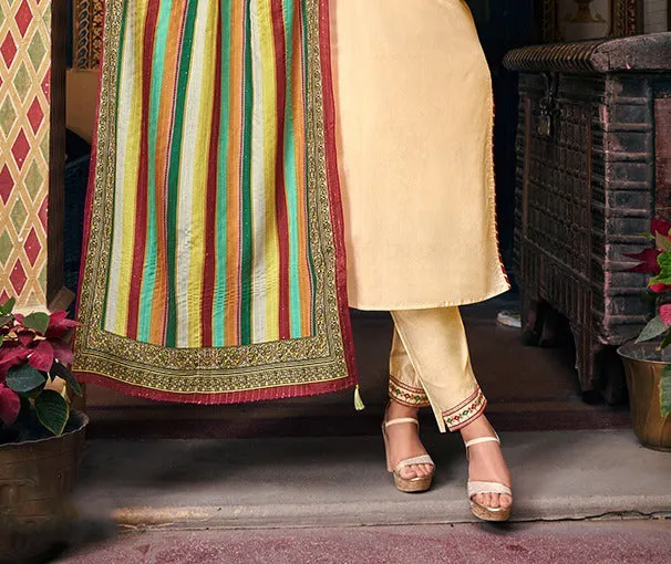 Elegant Beige Color Embroidered Silk Kurti & Suits With Dupatta