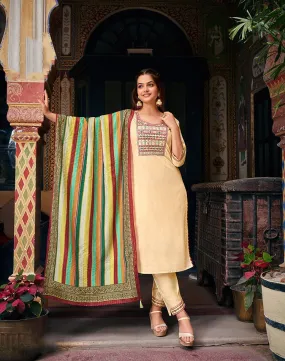 Elegant Beige Color Embroidered Silk Kurti & Suits With Dupatta