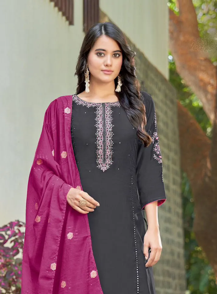 Elegant Black Colored Heavy Rayon With Embroidery And Handwork Palazzo Suits With Dupatta