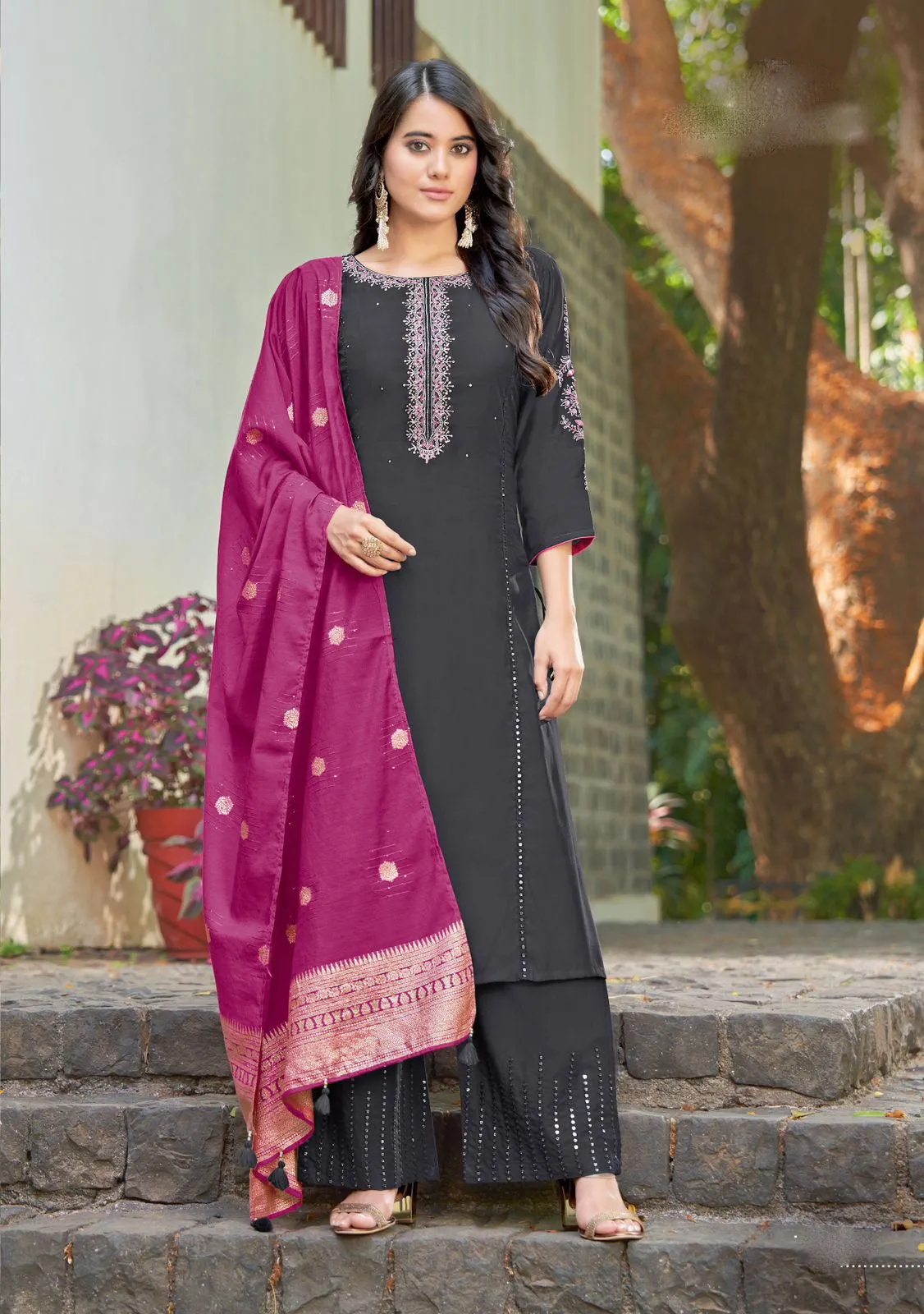 Elegant Black Colored Heavy Rayon With Embroidery And Handwork Palazzo Suits With Dupatta