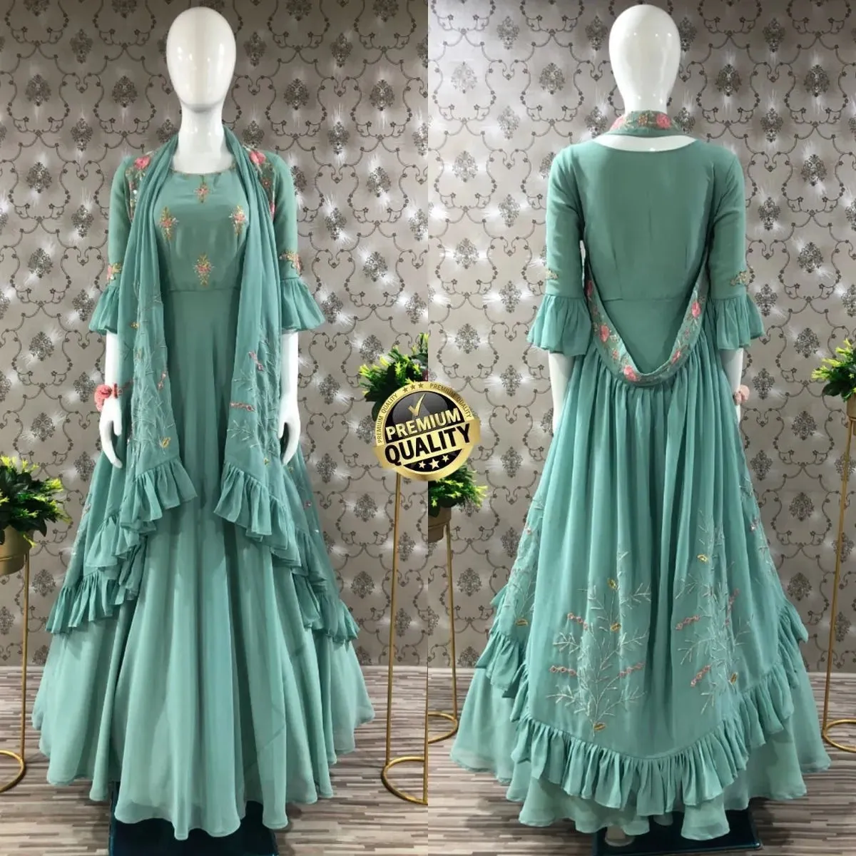 Elegant Embroidered Designer 3 Style Gown - Teal Green