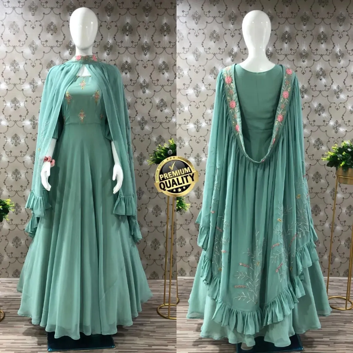 Elegant Embroidered Designer 3 Style Gown - Teal Green