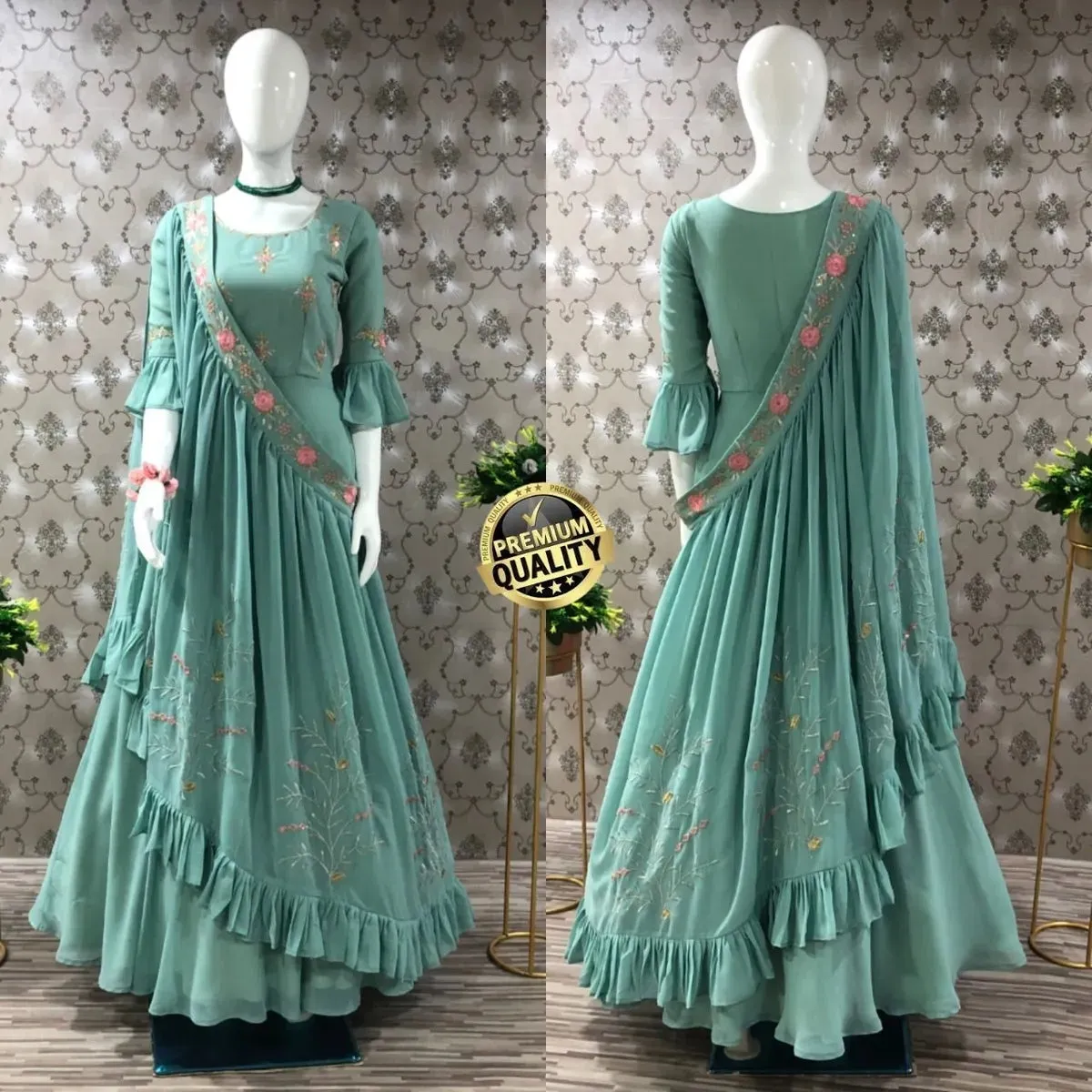 Elegant Embroidered Designer 3 Style Gown - Teal Green