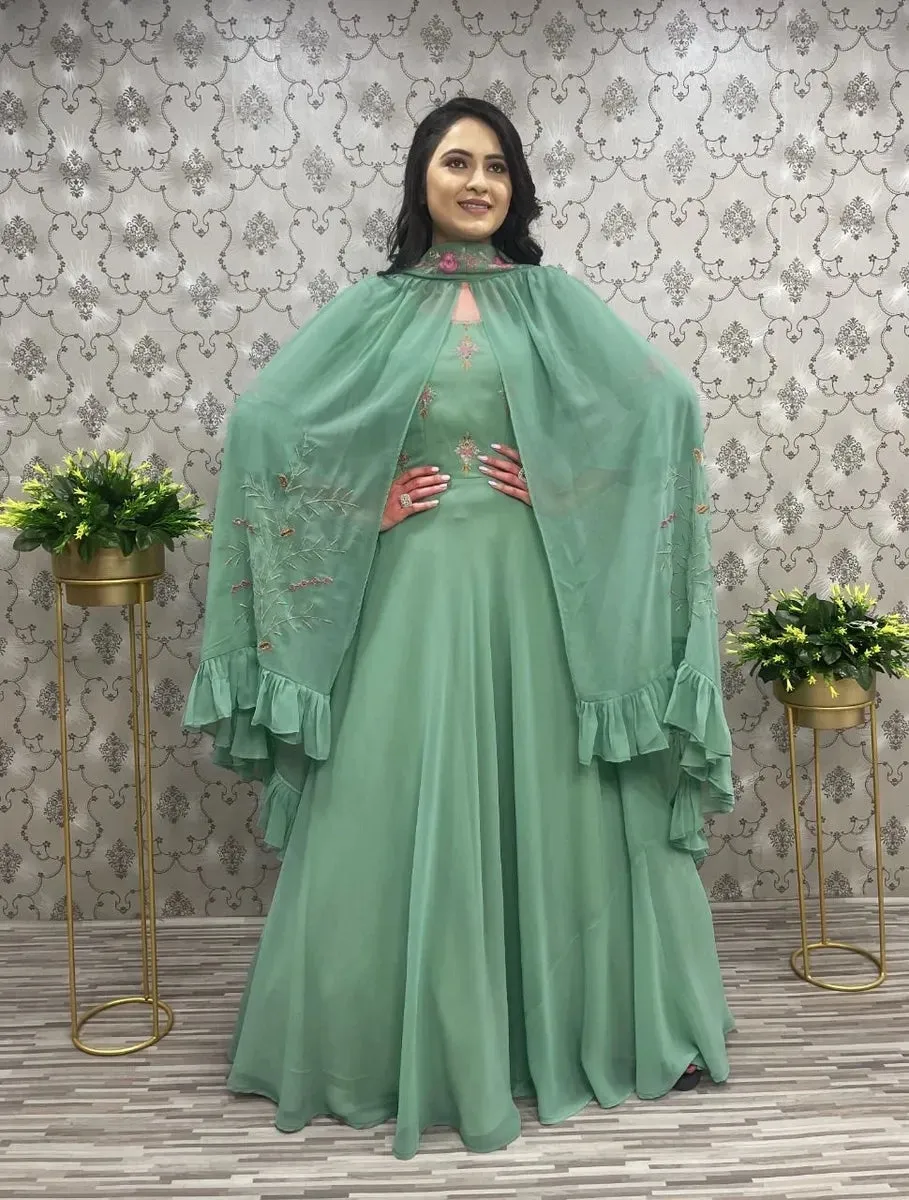 Elegant Embroidered Designer 3 Style Gown - Teal Green