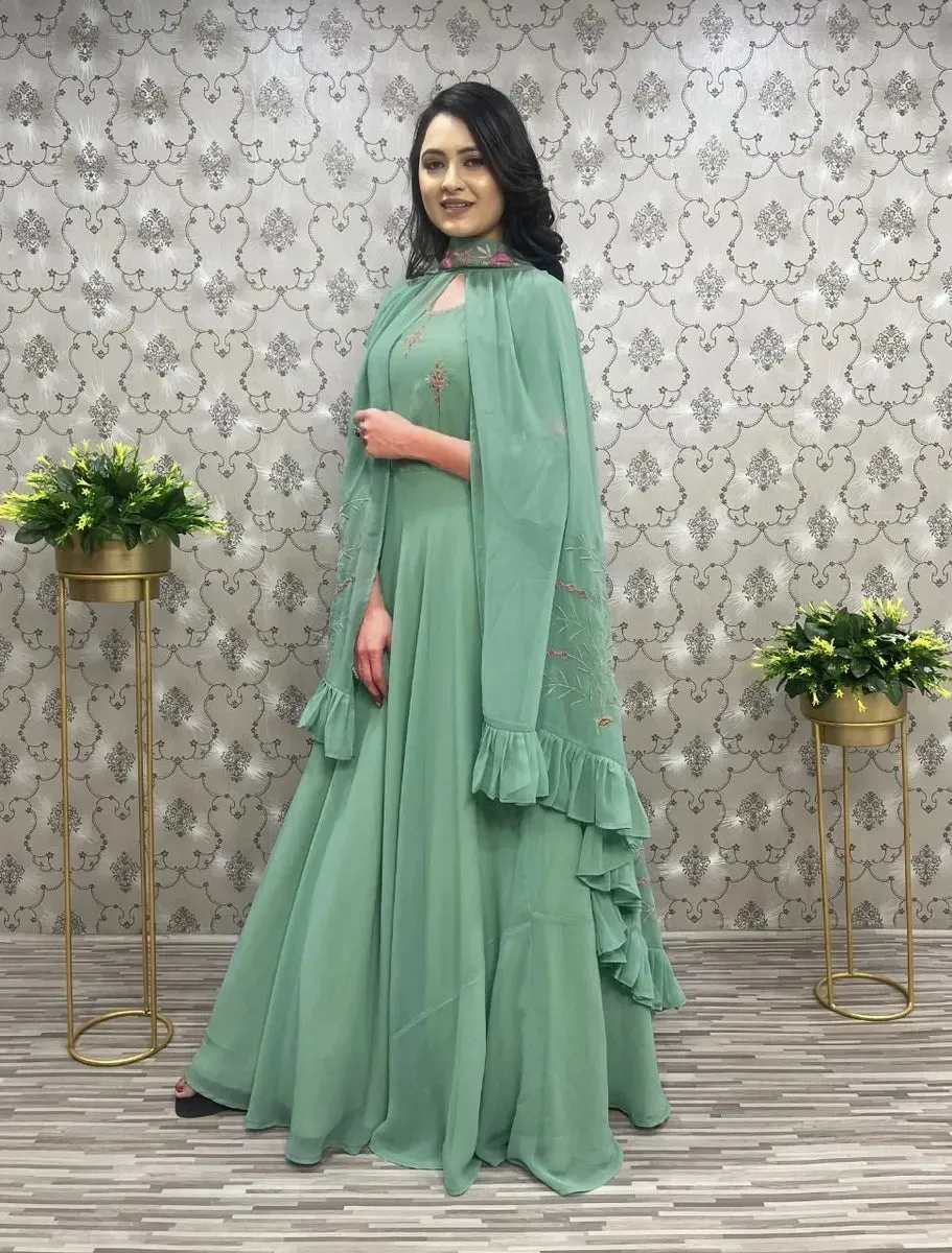 Elegant Embroidered Designer 3 Style Gown - Teal Green