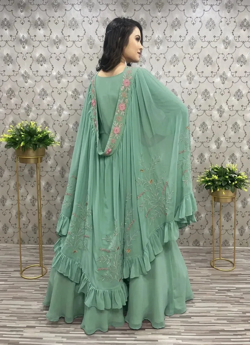 Elegant Embroidered Designer 3 Style Gown - Teal Green