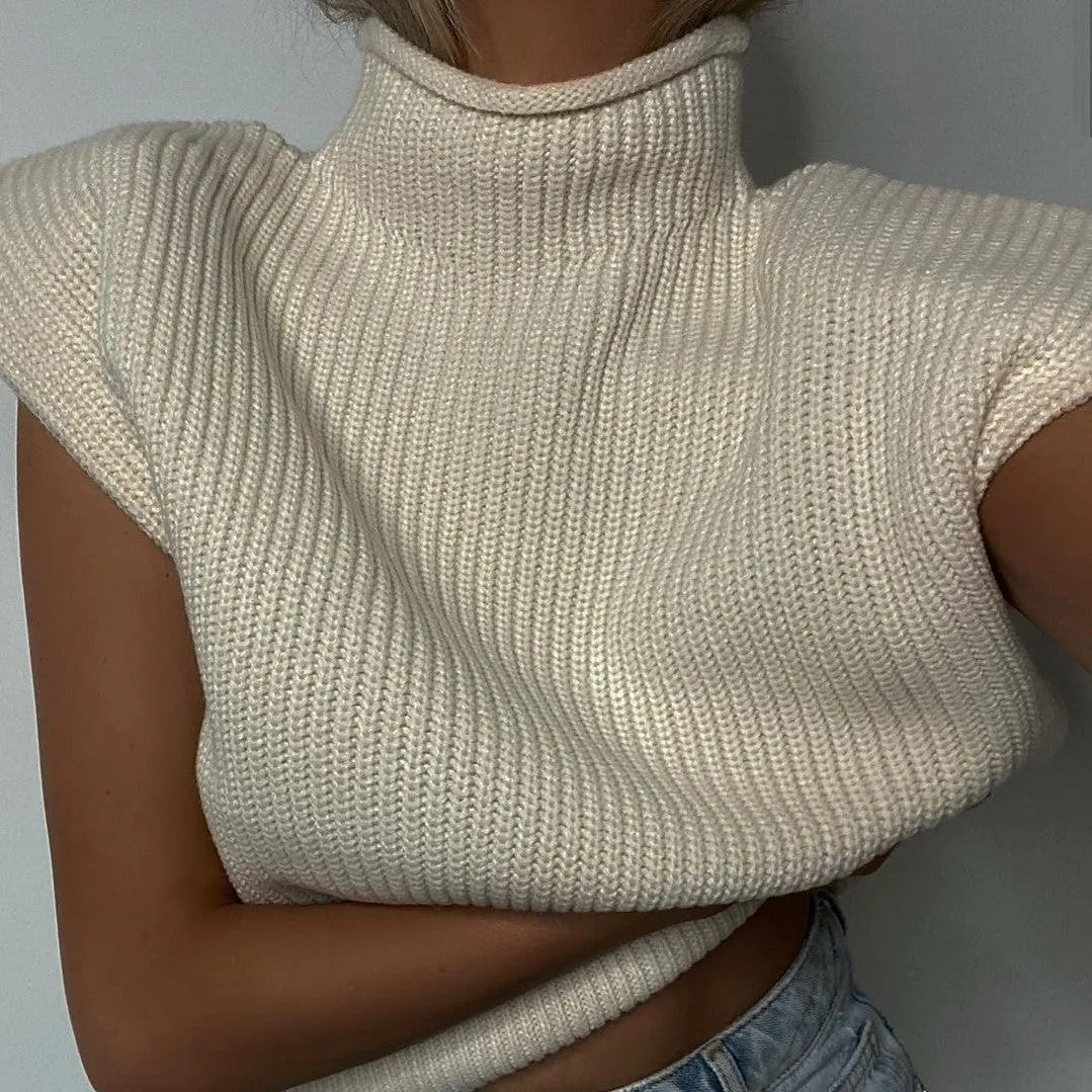 Fall/winter women's solid color sleeveless high neck fashion casual shoulder pad sweater