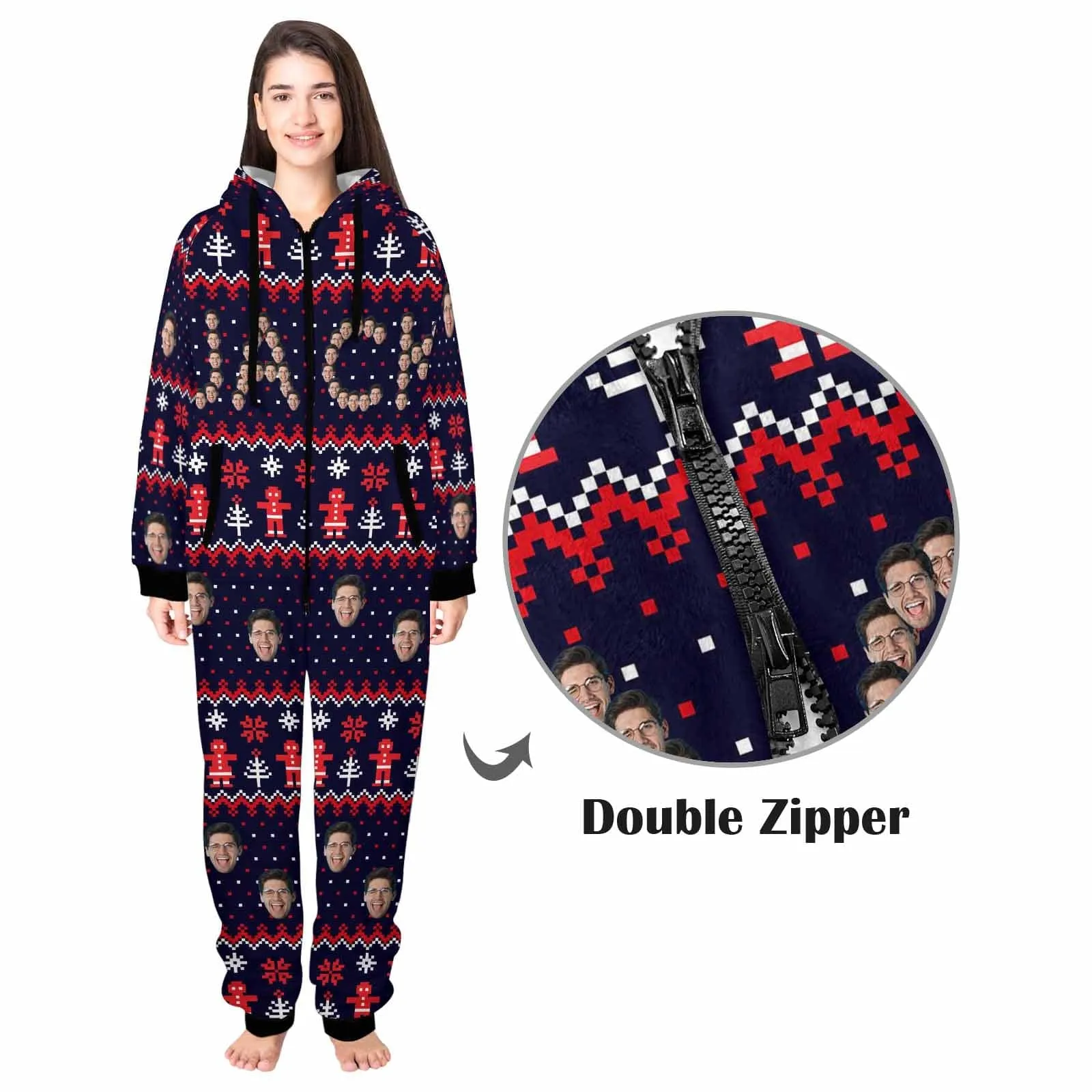 Funny Flannel Fleece Adult Onesie Pajamas Custom Face Christmas Snow Printed Jumpsuit Homewear