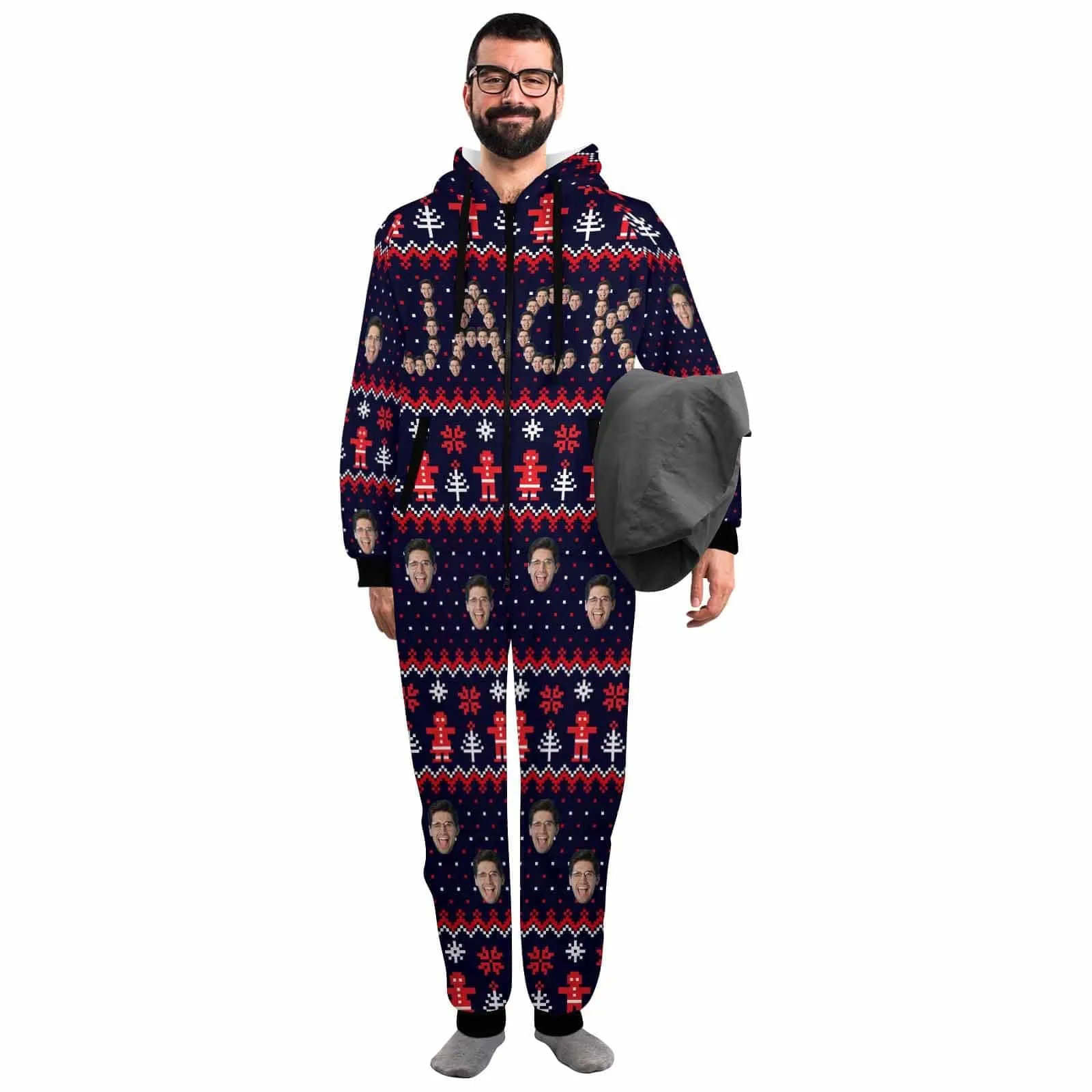 Funny Flannel Fleece Adult Onesie Pajamas Custom Face Christmas Snow Printed Jumpsuit Homewear