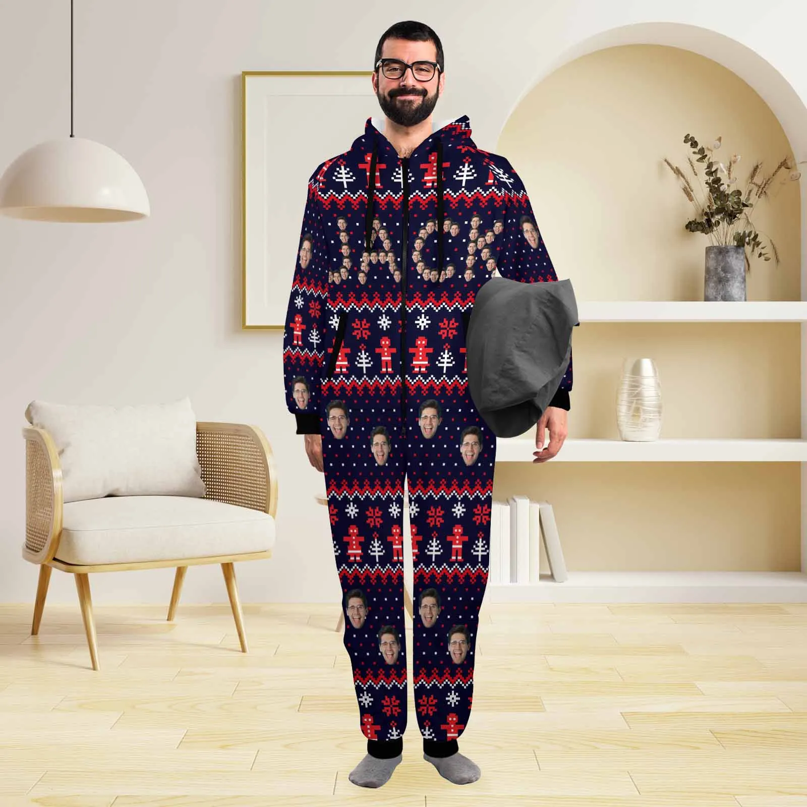 Funny Flannel Fleece Adult Onesie Pajamas Custom Face Christmas Snow Printed Jumpsuit Homewear