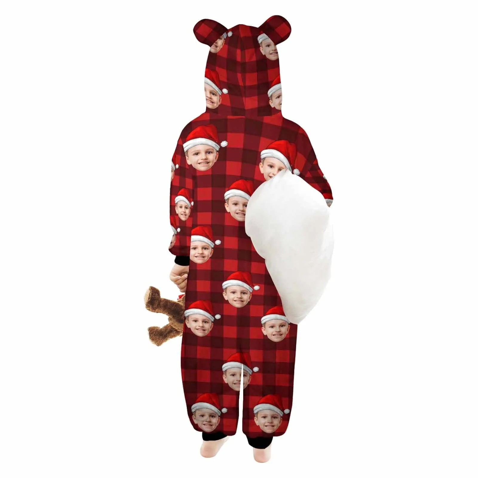 Funny Flannel Fleece Adult/Kid Onesie Pajamas Custom Face Christmas Red and Black Plaid Jumpsuit Homewear