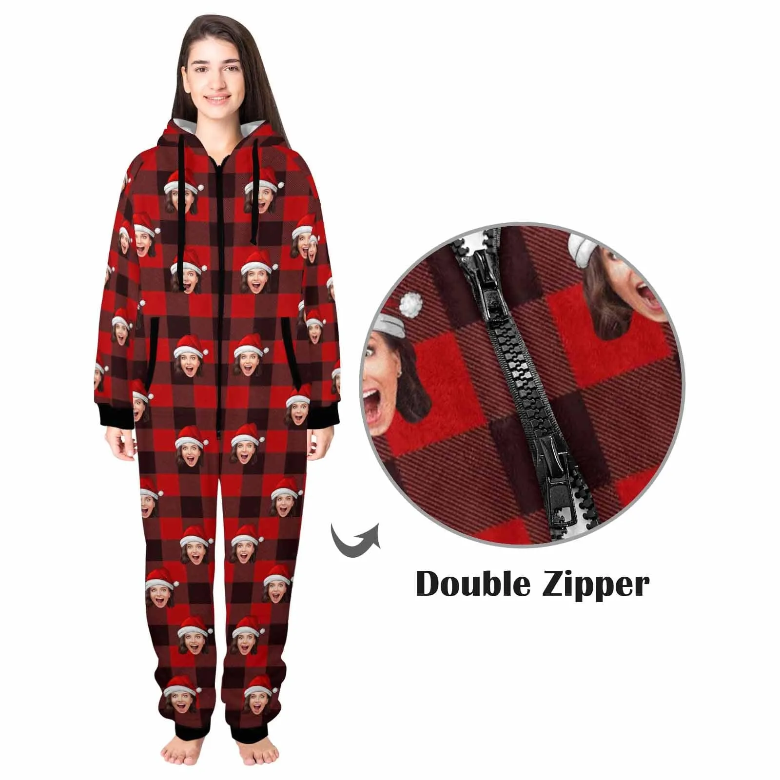 Funny Flannel Fleece Adult/Kid Onesie Pajamas Custom Face Christmas Red and Black Plaid Jumpsuit Homewear