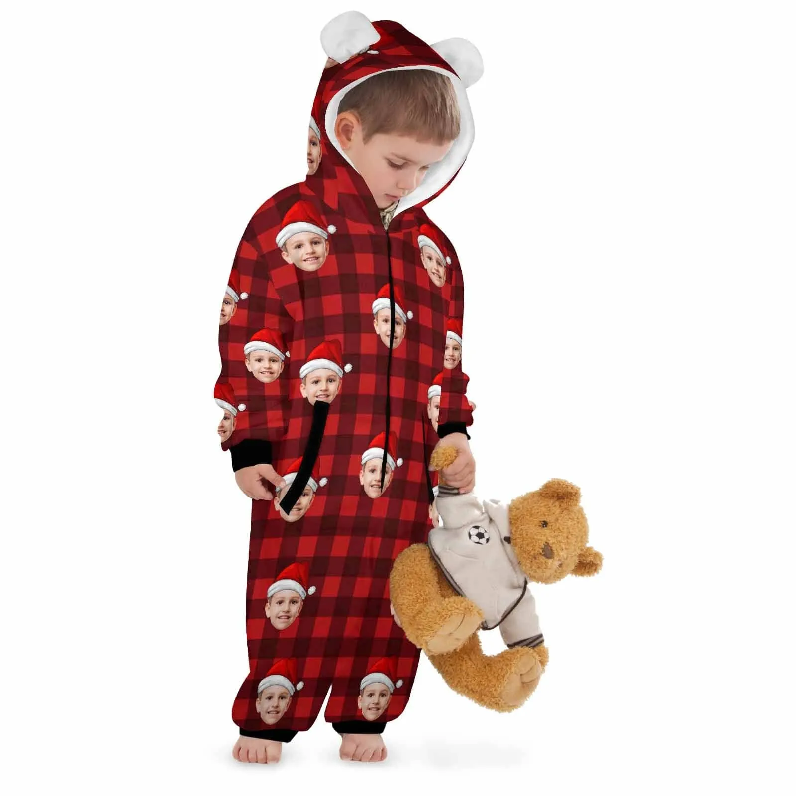 Funny Flannel Fleece Adult/Kid Onesie Pajamas Custom Face Christmas Red and Black Plaid Jumpsuit Homewear