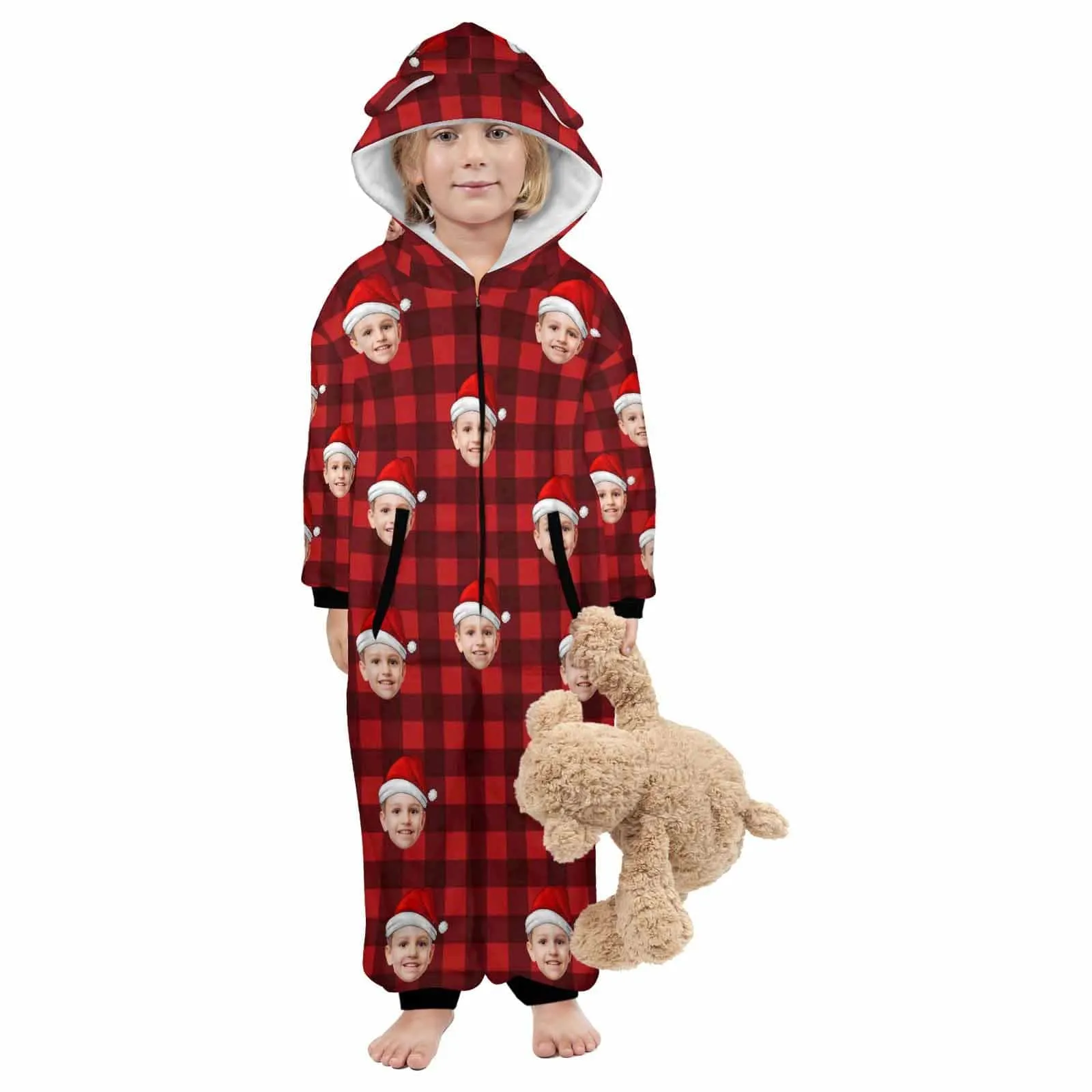 Funny Flannel Fleece Adult/Kid Onesie Pajamas Custom Face Christmas Red and Black Plaid Jumpsuit Homewear