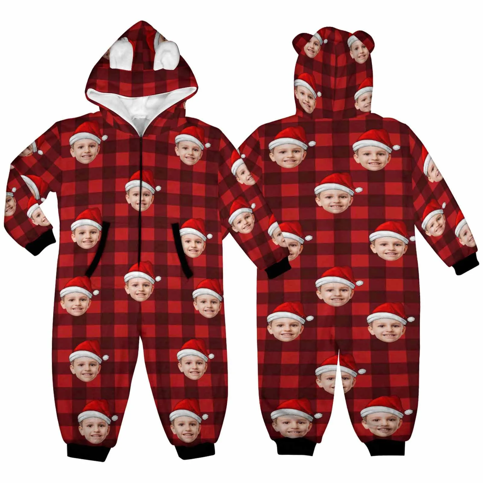 Funny Flannel Fleece Adult/Kid Onesie Pajamas Custom Face Christmas Red and Black Plaid Jumpsuit Homewear