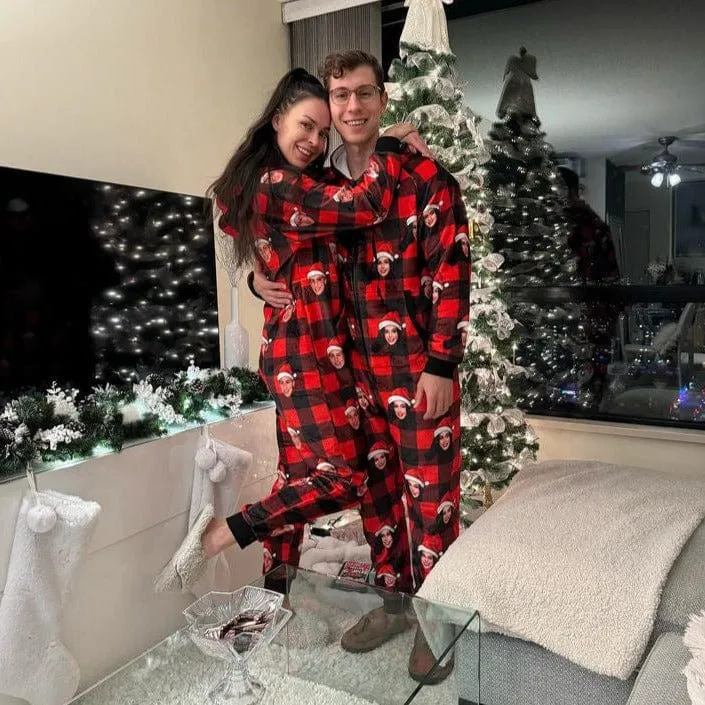 Funny Flannel Fleece Adult/Kid Onesie Pajamas Custom Face Christmas Red and Black Plaid Jumpsuit Homewear