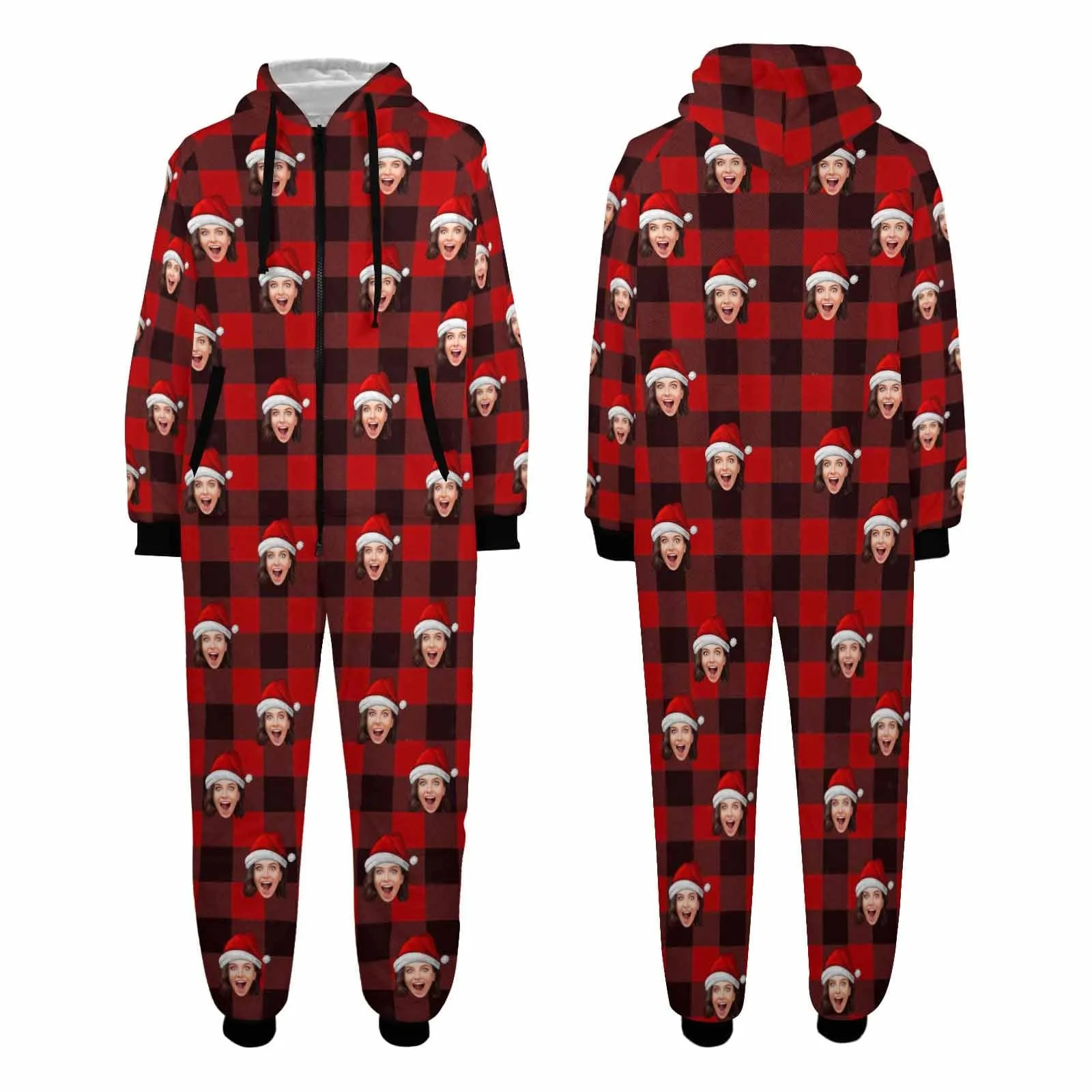 Funny Flannel Fleece Adult/Kid Onesie Pajamas Custom Face Christmas Red and Black Plaid Jumpsuit Homewear