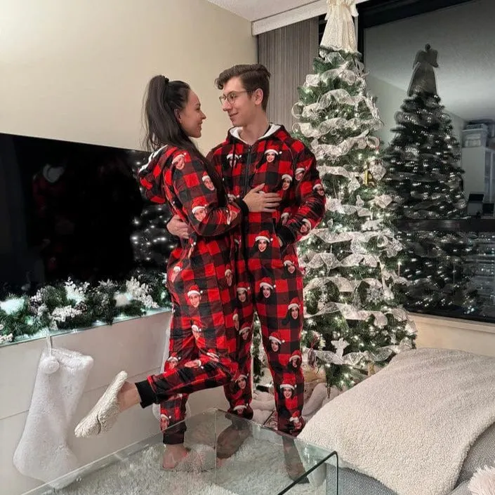 Funny Flannel Fleece Adult/Kid Onesie Pajamas Custom Face Christmas Red and Black Plaid Jumpsuit Homewear