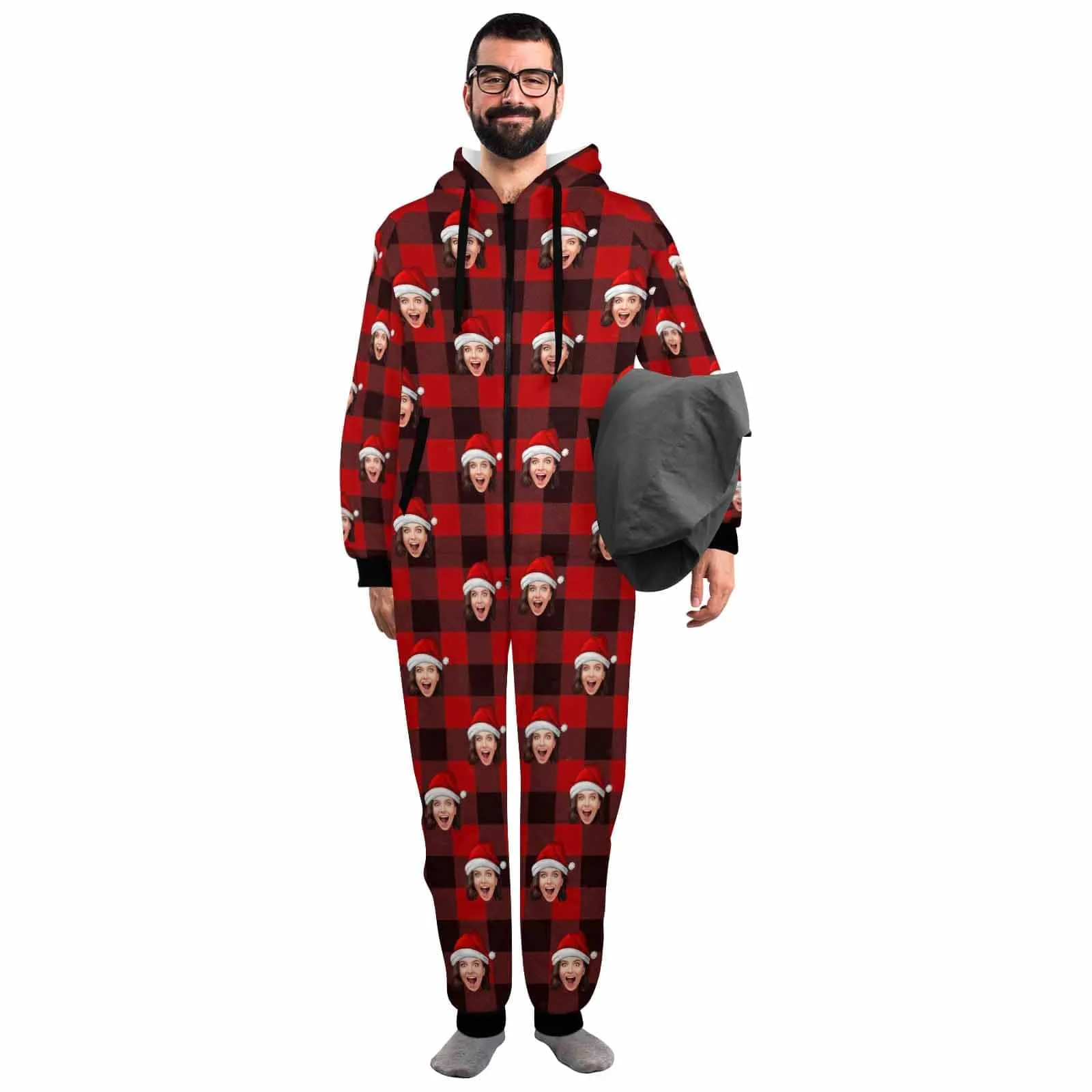 Funny Flannel Fleece Adult/Kid Onesie Pajamas Custom Face Christmas Red and Black Plaid Jumpsuit Homewear