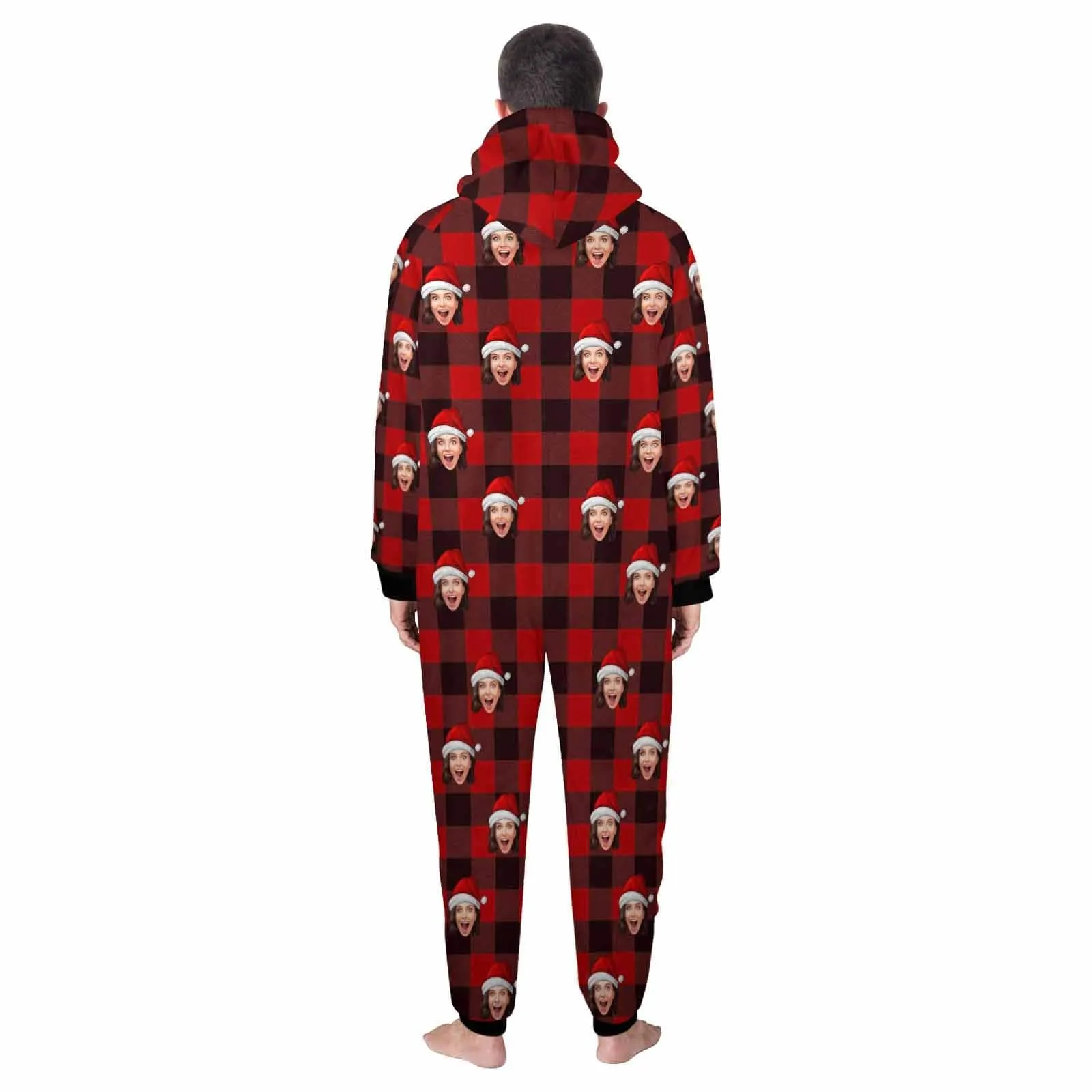 Funny Flannel Fleece Adult/Kid Onesie Pajamas Custom Face Christmas Red and Black Plaid Jumpsuit Homewear