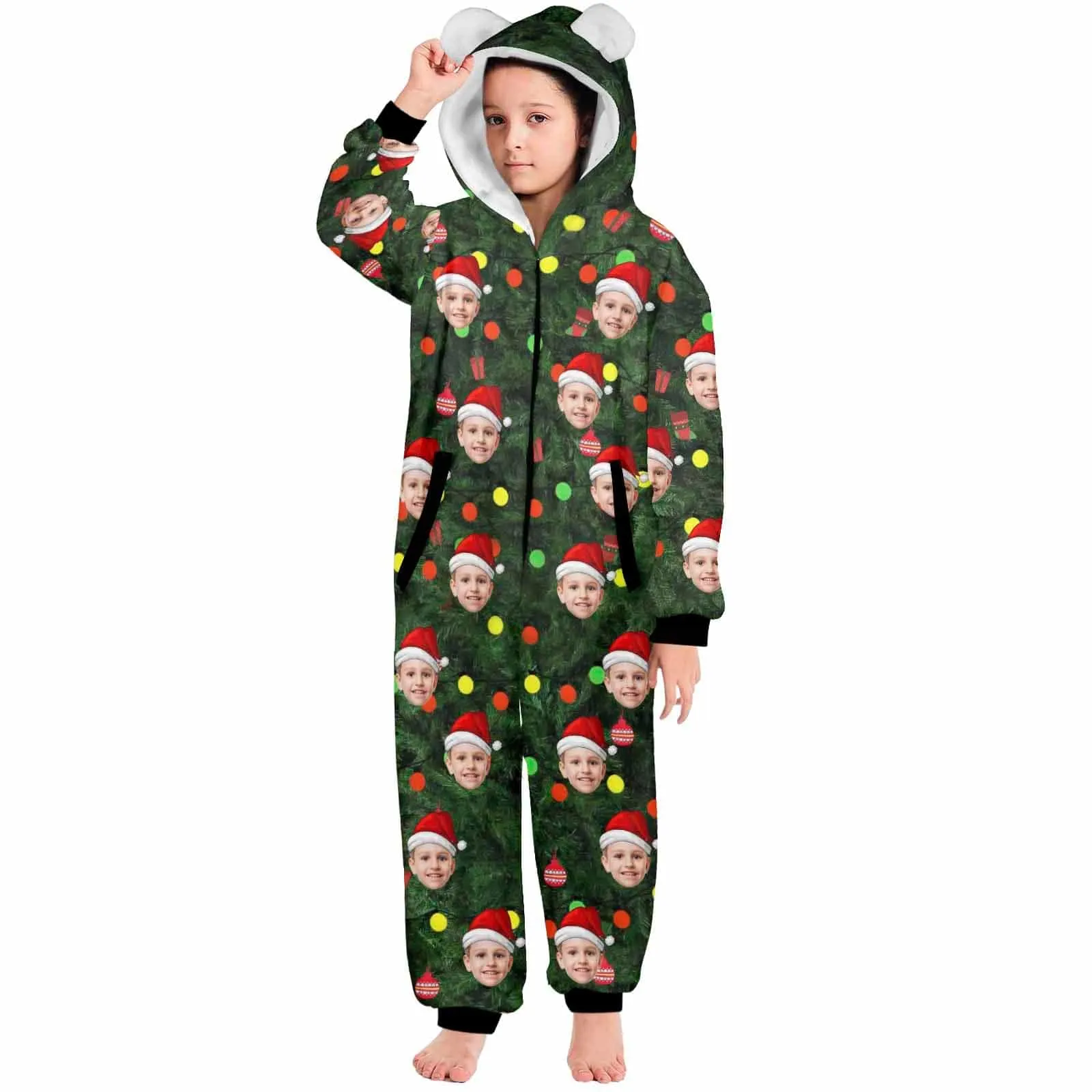 Funny Flannel Fleece Adult/Kid Onesie Pajamas Custom Face Christmas Tree Lights Printed Jumpsuit Homewear