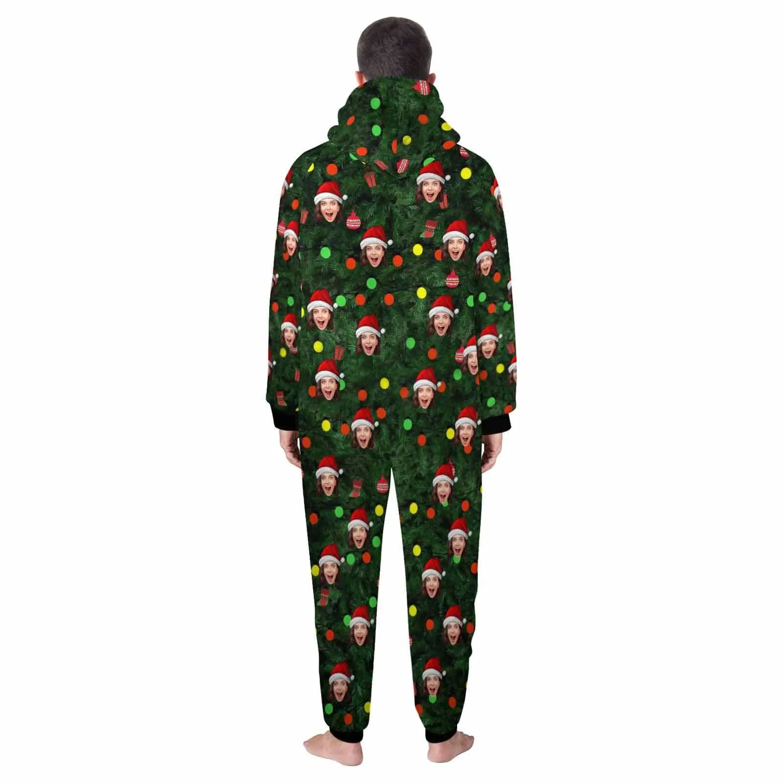 Funny Flannel Fleece Adult/Kid Onesie Pajamas Custom Face Christmas Tree Lights Printed Jumpsuit Homewear