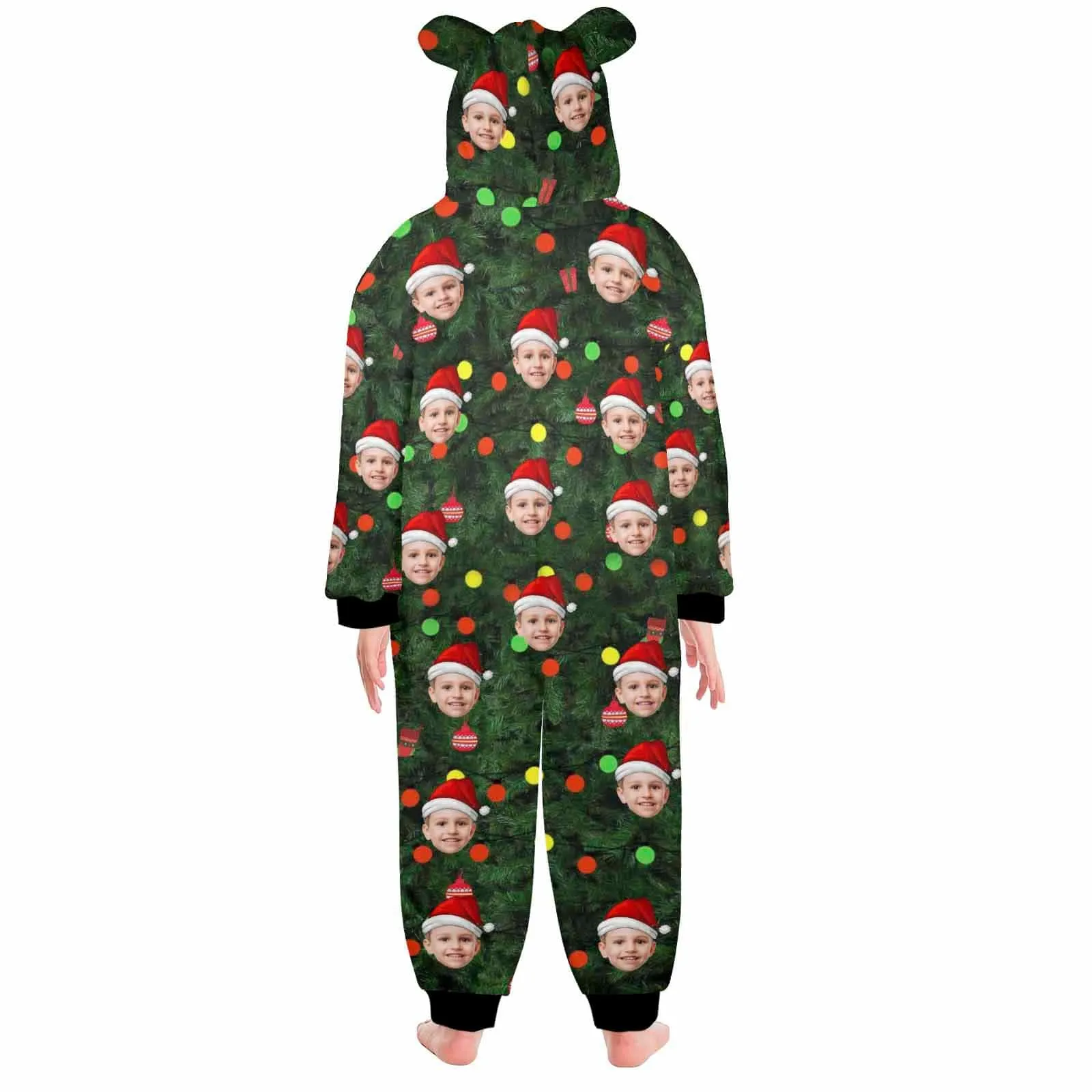 Funny Flannel Fleece Adult/Kid Onesie Pajamas Custom Face Christmas Tree Lights Printed Jumpsuit Homewear