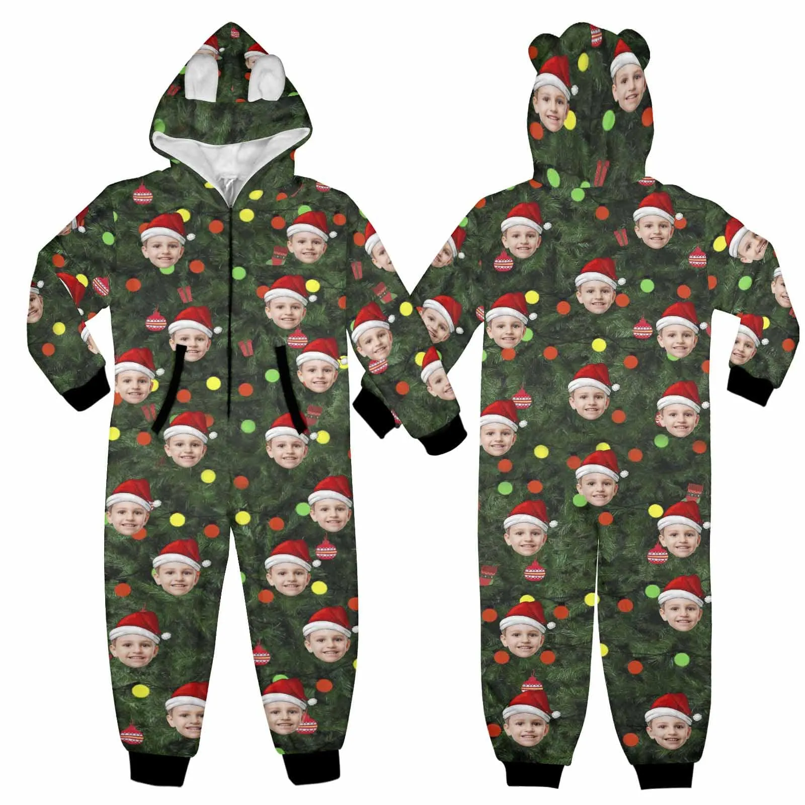 Funny Flannel Fleece Adult/Kid Onesie Pajamas Custom Face Christmas Tree Lights Printed Jumpsuit Homewear