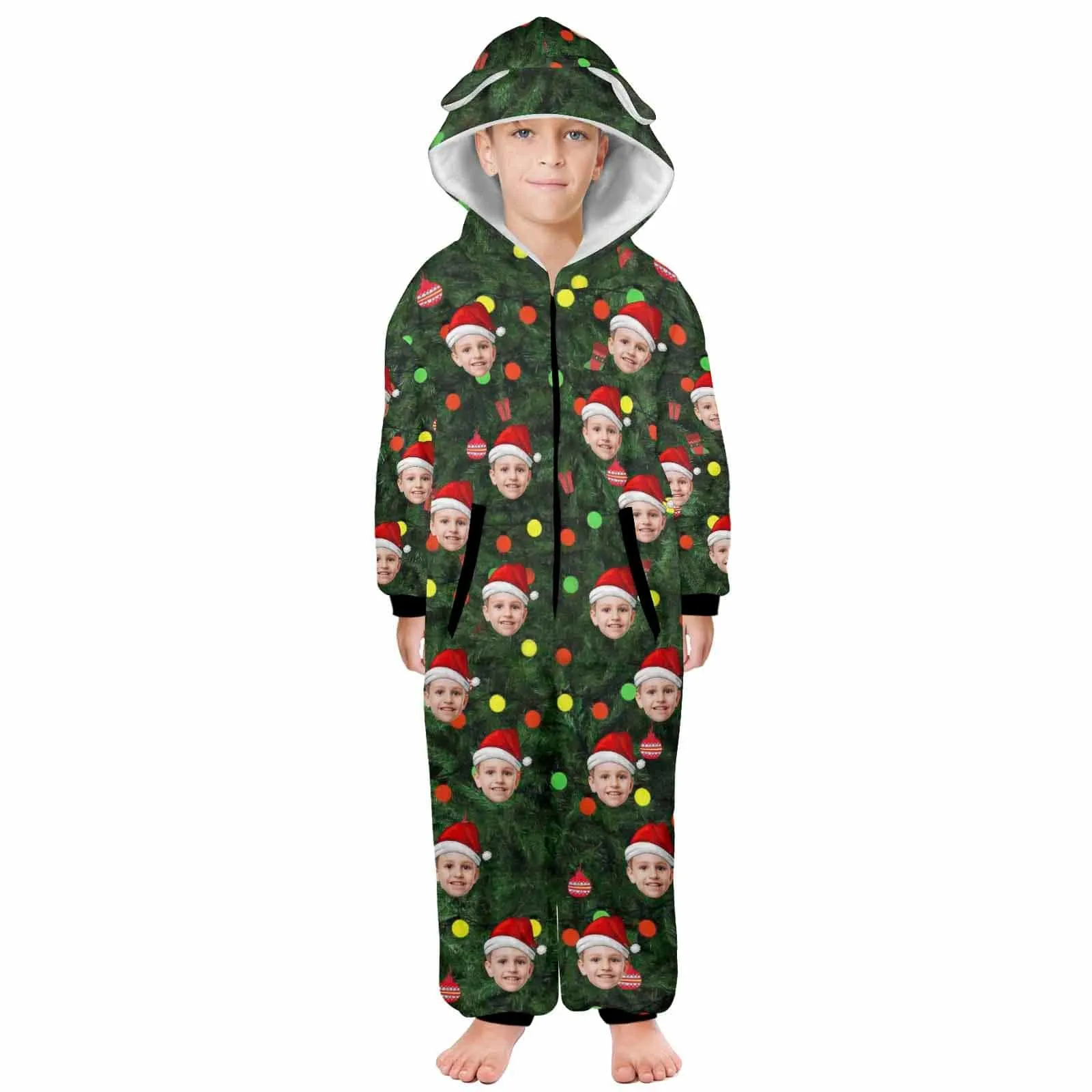 Funny Flannel Fleece Adult/Kid Onesie Pajamas Custom Face Christmas Tree Lights Printed Jumpsuit Homewear