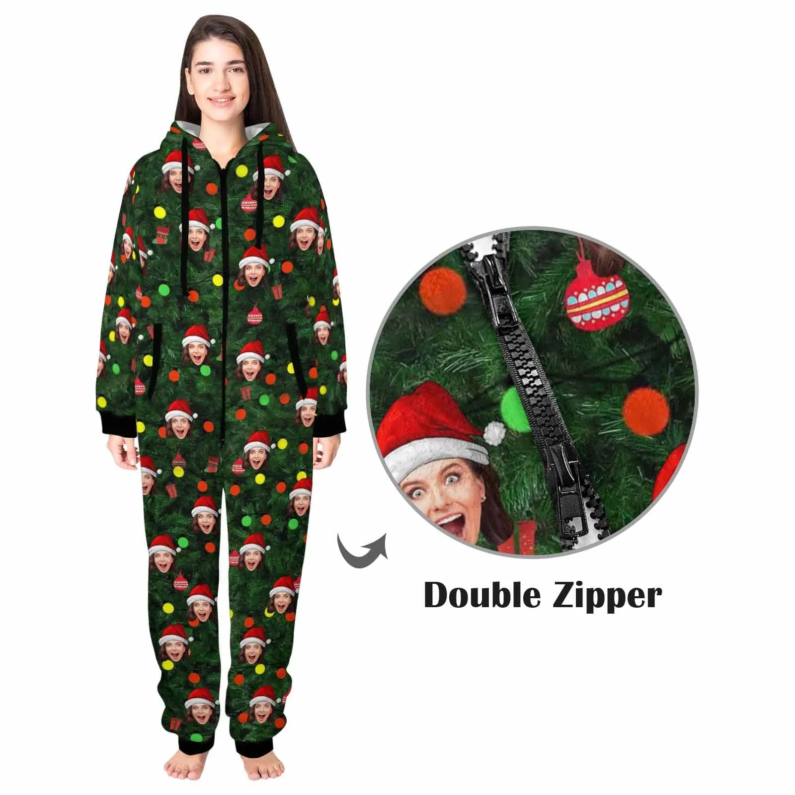 Funny Flannel Fleece Adult/Kid Onesie Pajamas Custom Face Christmas Tree Lights Printed Jumpsuit Homewear