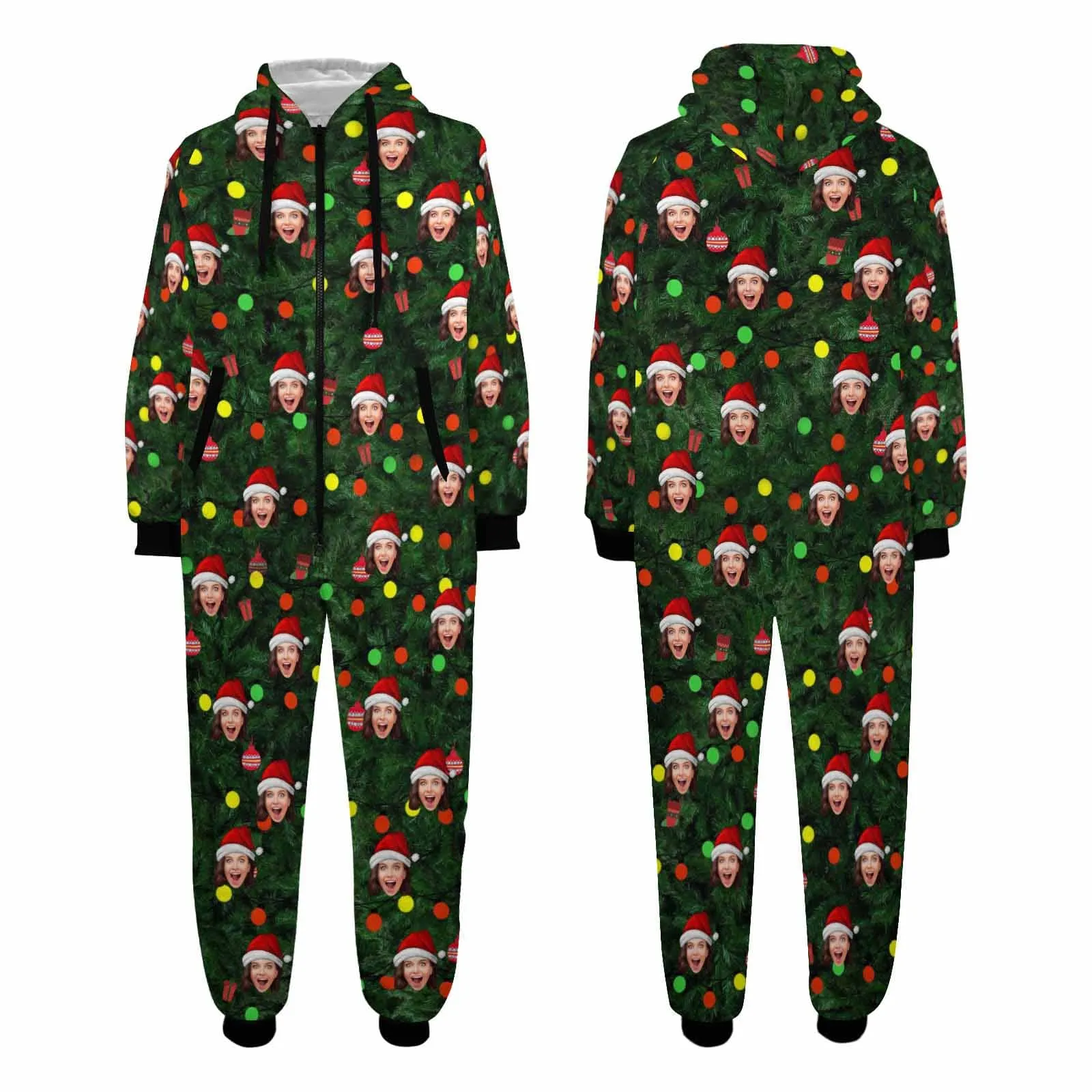 Funny Flannel Fleece Adult/Kid Onesie Pajamas Custom Face Christmas Tree Lights Printed Jumpsuit Homewear