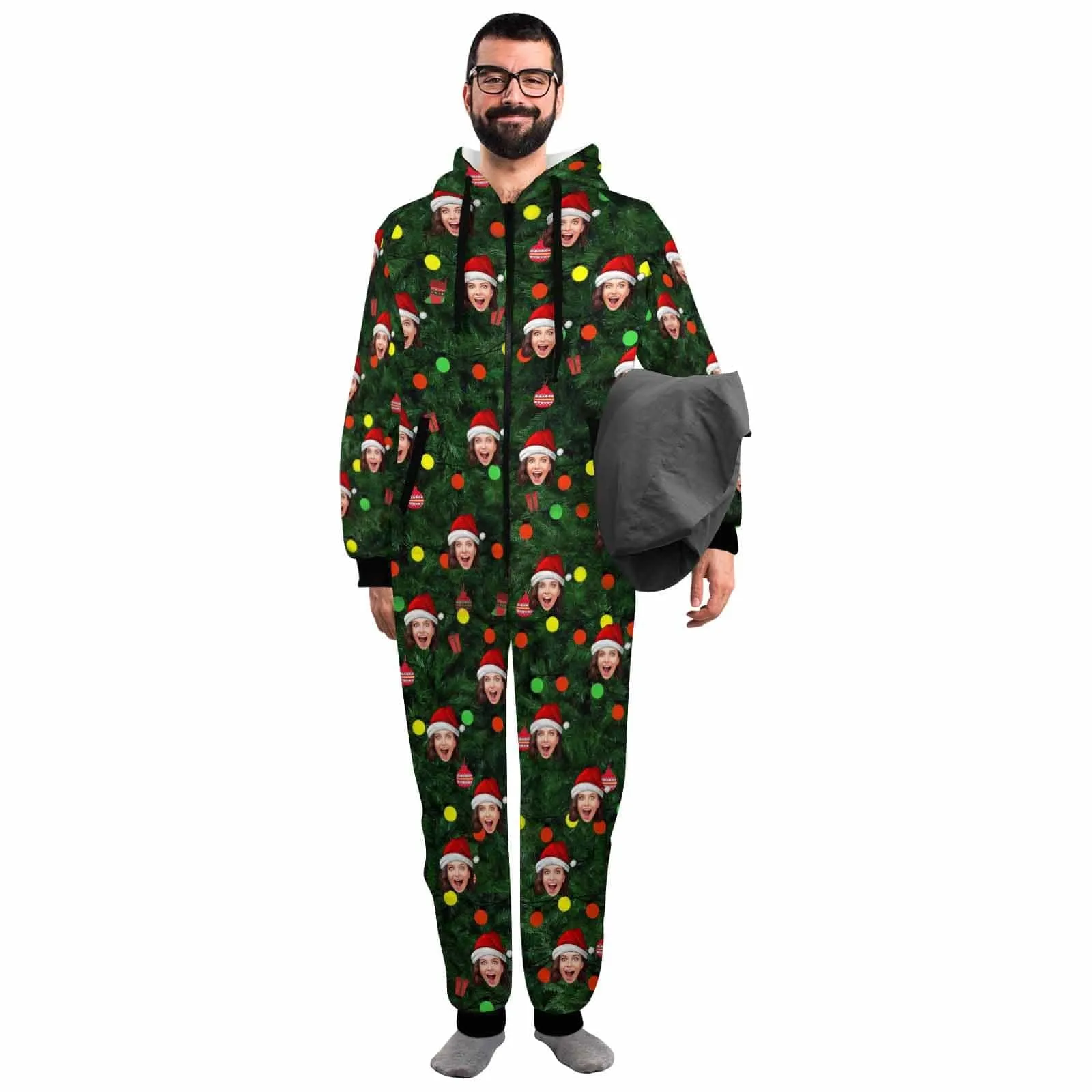 Funny Flannel Fleece Adult/Kid Onesie Pajamas Custom Face Christmas Tree Lights Printed Jumpsuit Homewear