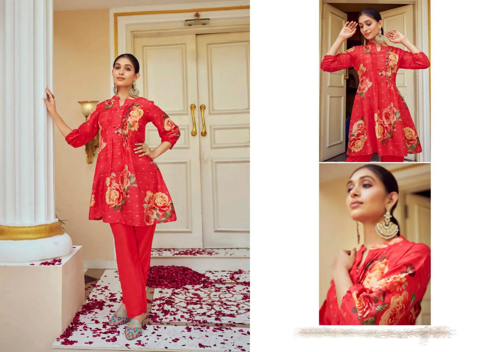 Gorgeous Red Color Tusser Silk Floral Designer Kurti With Pant For Women