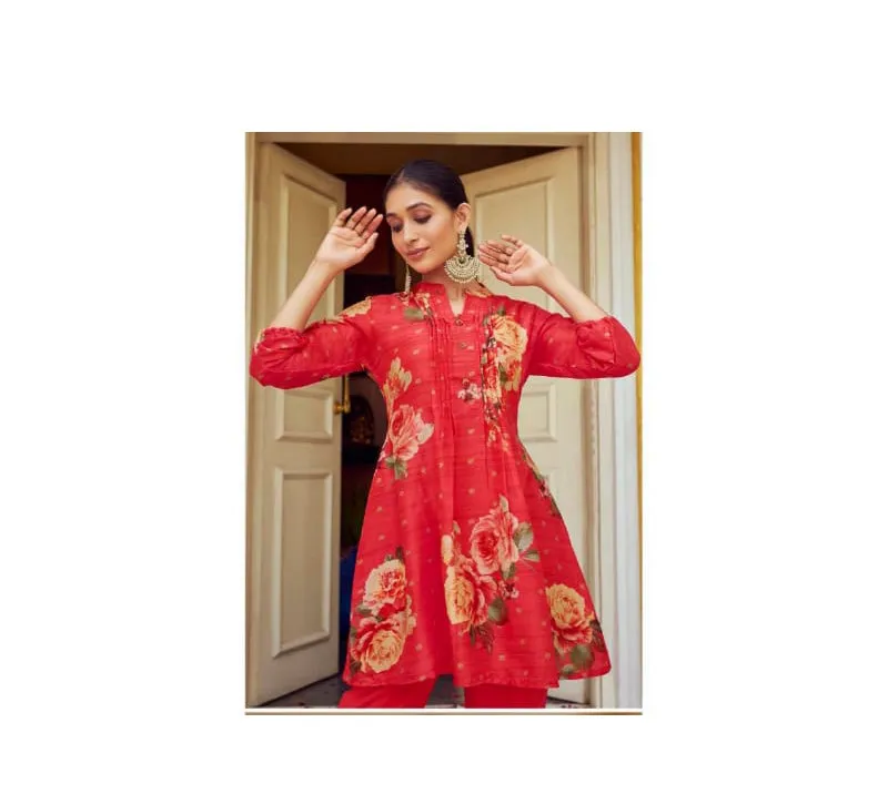 Gorgeous Red Color Tusser Silk Floral Designer Kurti With Pant For Women