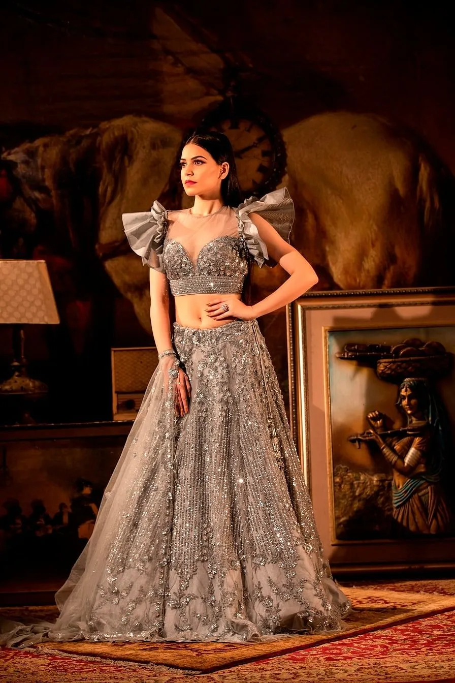 Grayish Lehenga set with dupatta.