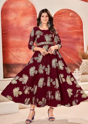 Heavenly Maroon Color Leaf Design Sequins Embroidery With Faux Georgette Kurti