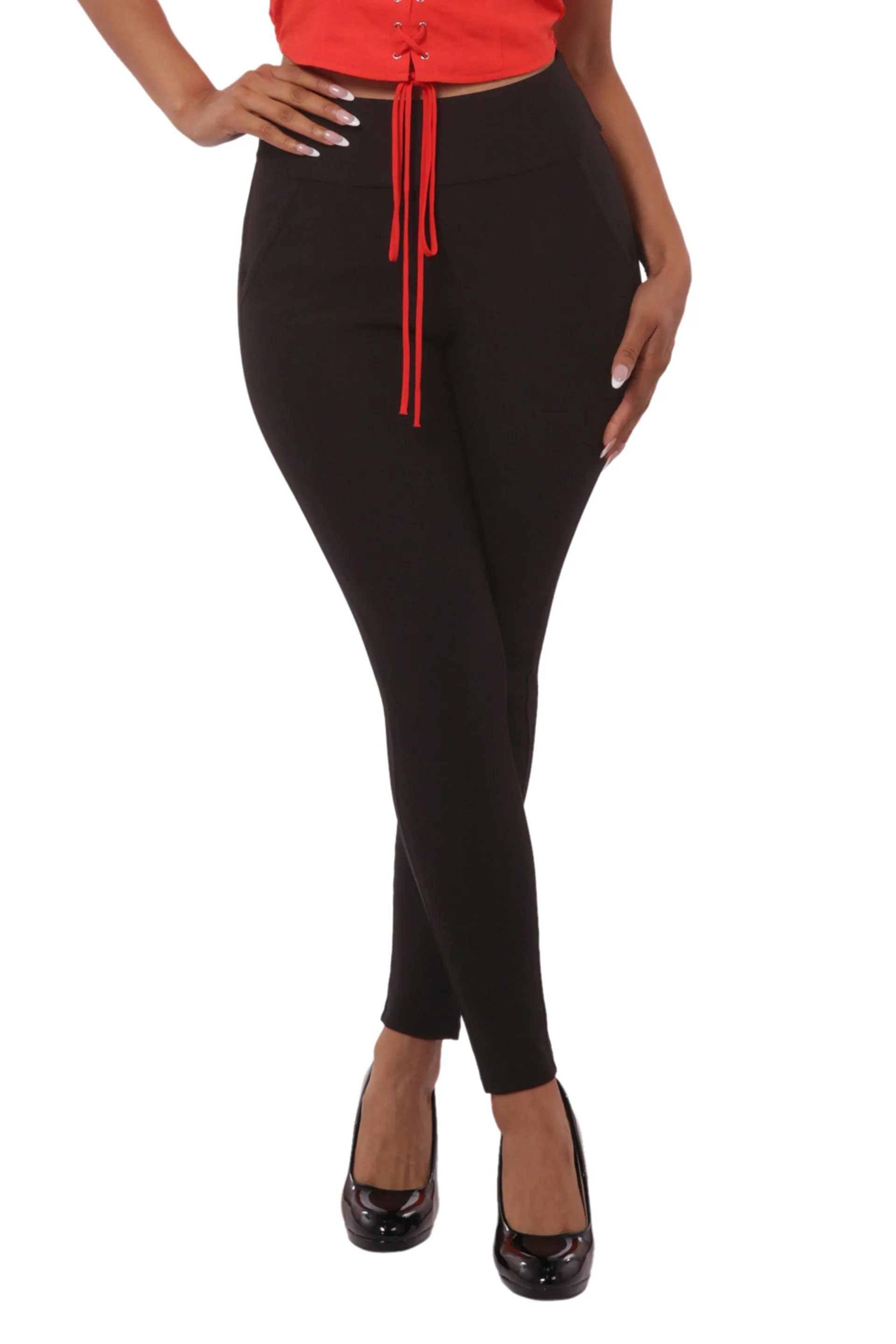 High Waist Ponte Sculpting Treggings With Pockets - Black